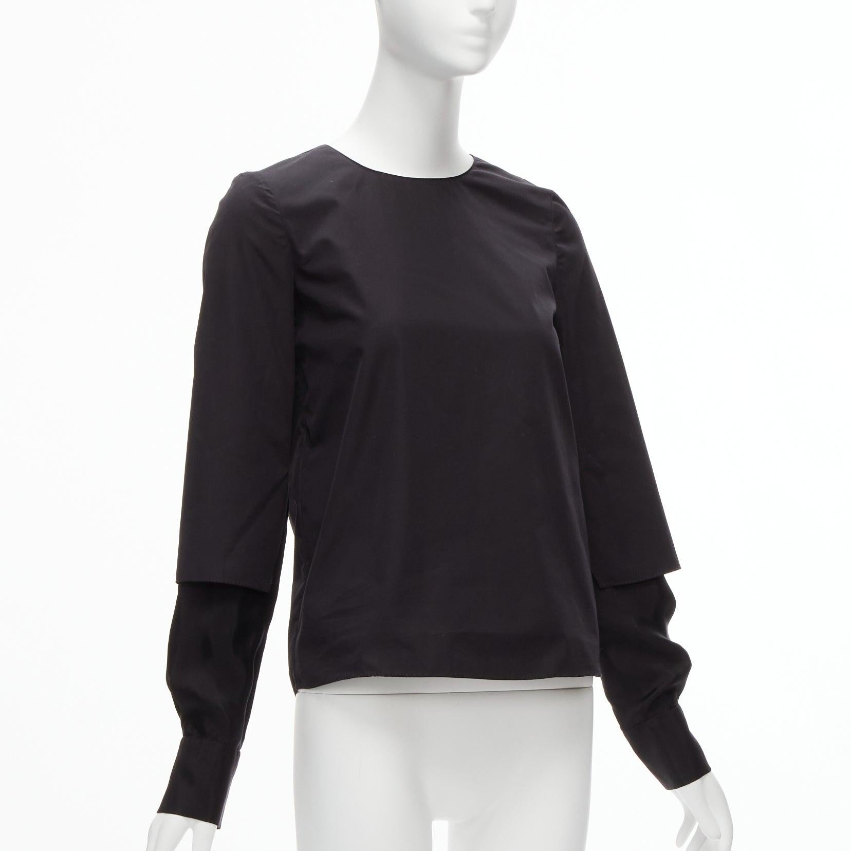 Black new MARNI black cotton layered sleeves minimal crew neck blouse top FR36 S For Sale