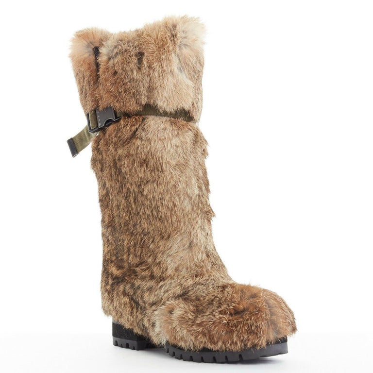 new MARNI brown genuine rabbit fur nylon strap buckle winter boot shoes  EU36.5 at 1stDibs