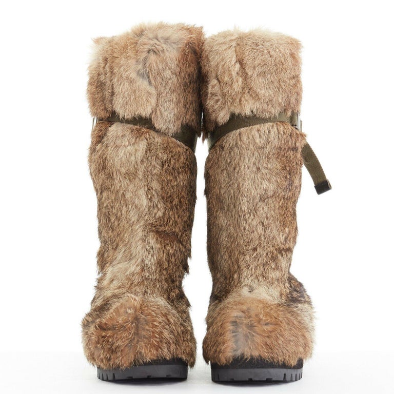 new MARNI brown genuine rabbit fur nylon strap buckle winter boot shoes ...
