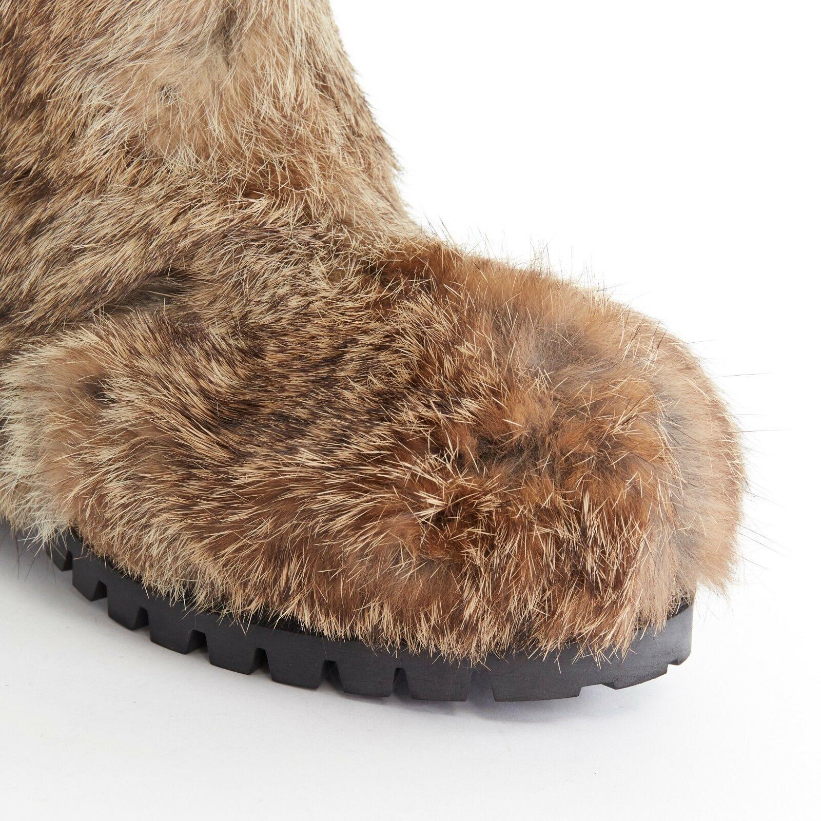 Women's new MARNI brown genuine rabbit fur nylon strap buckle winter boot shoes EU36.5