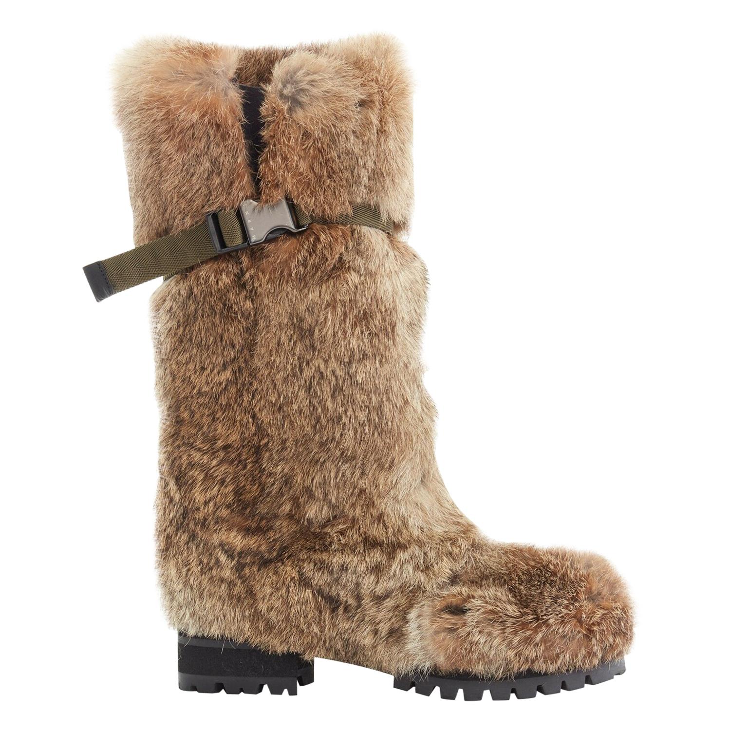 new MARNI brown genuine rabbit fur nylon strap buckle winter boot shoes  EU36.5 at 1stDibs | marni fur boots, marni boots fur, marni furry boots