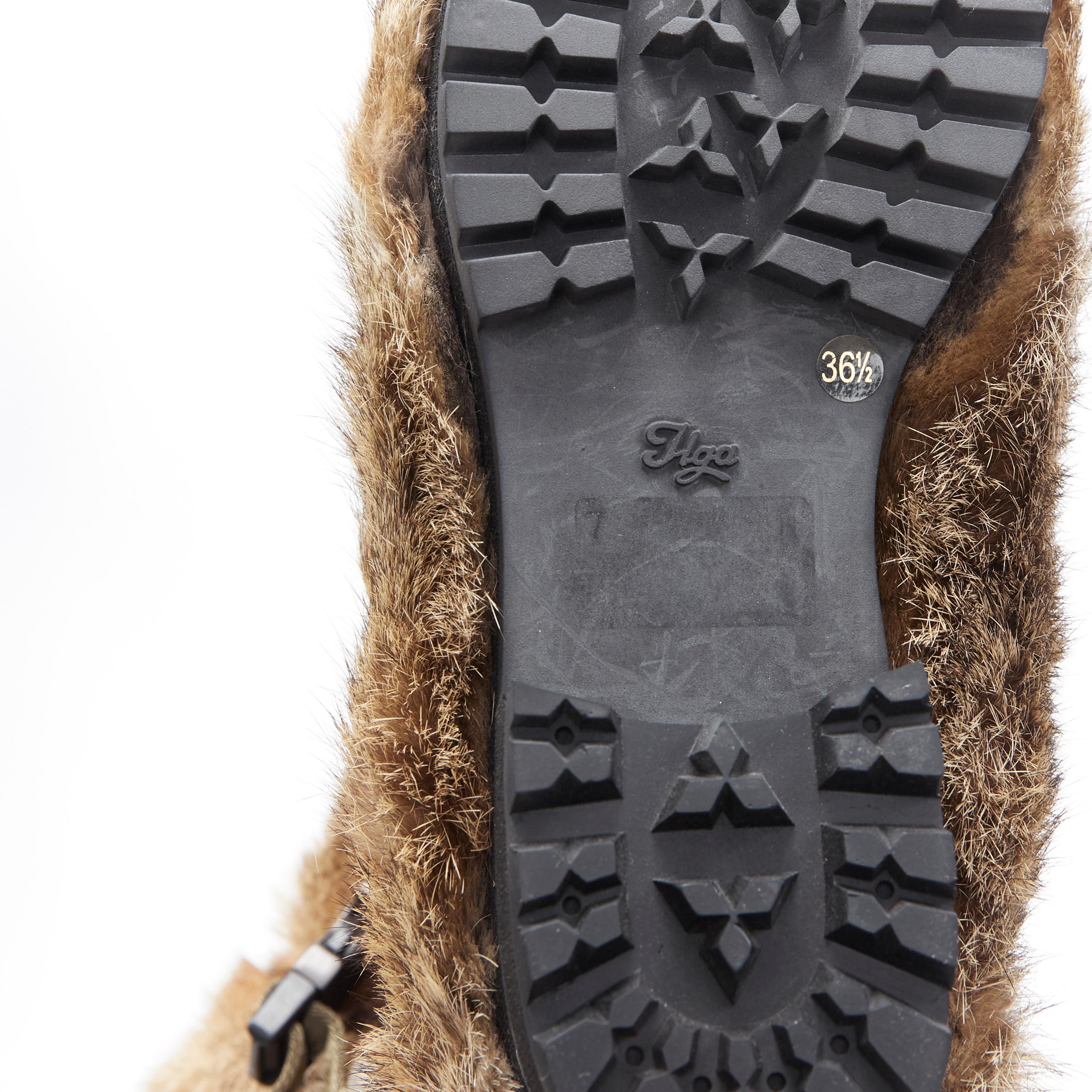 new MARNI brown rabbit fur green utility nylon buckle sole winter boot EU36.5 4