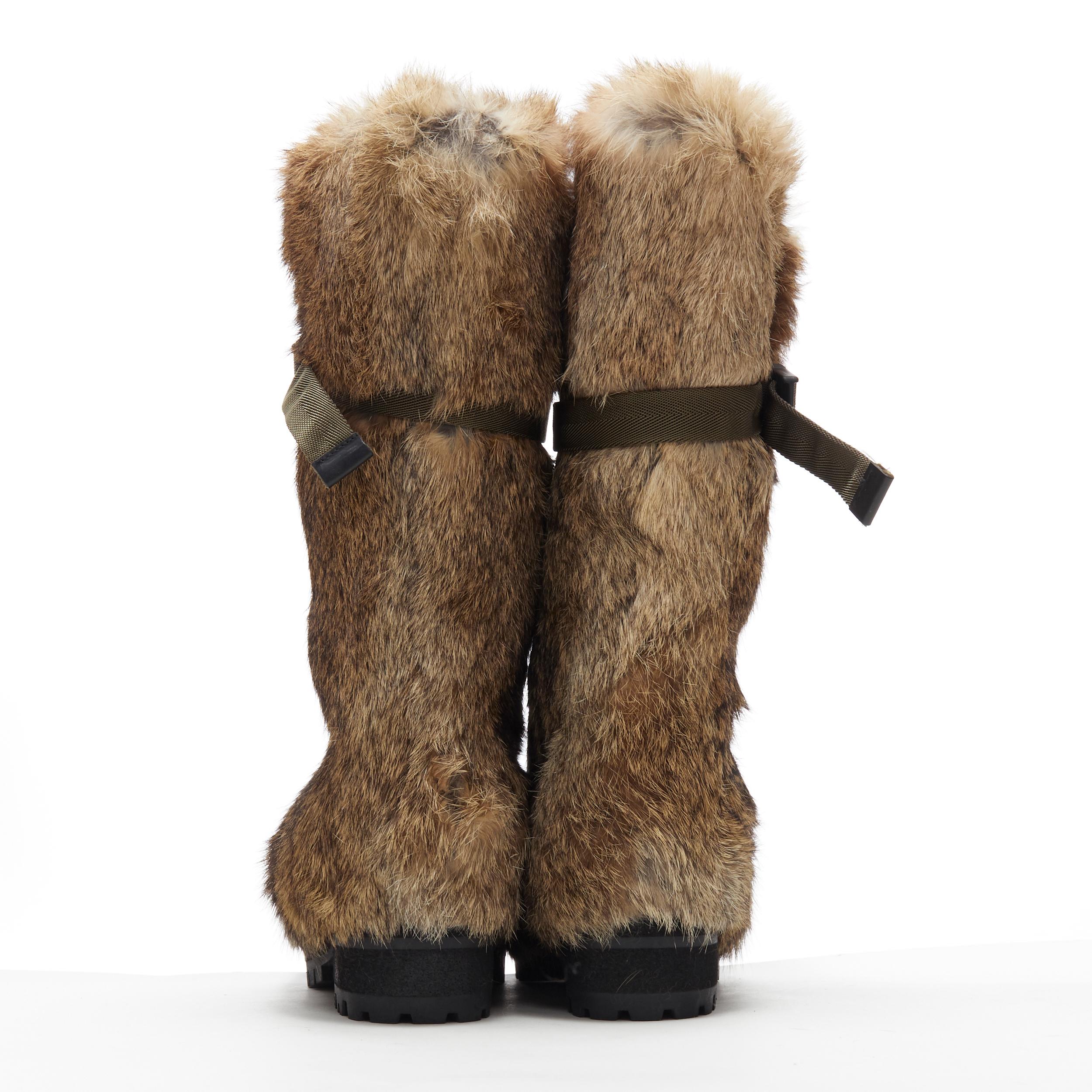 Brown new MARNI brown rabbit fur green utility nylon buckle sole winter boot EU36.5