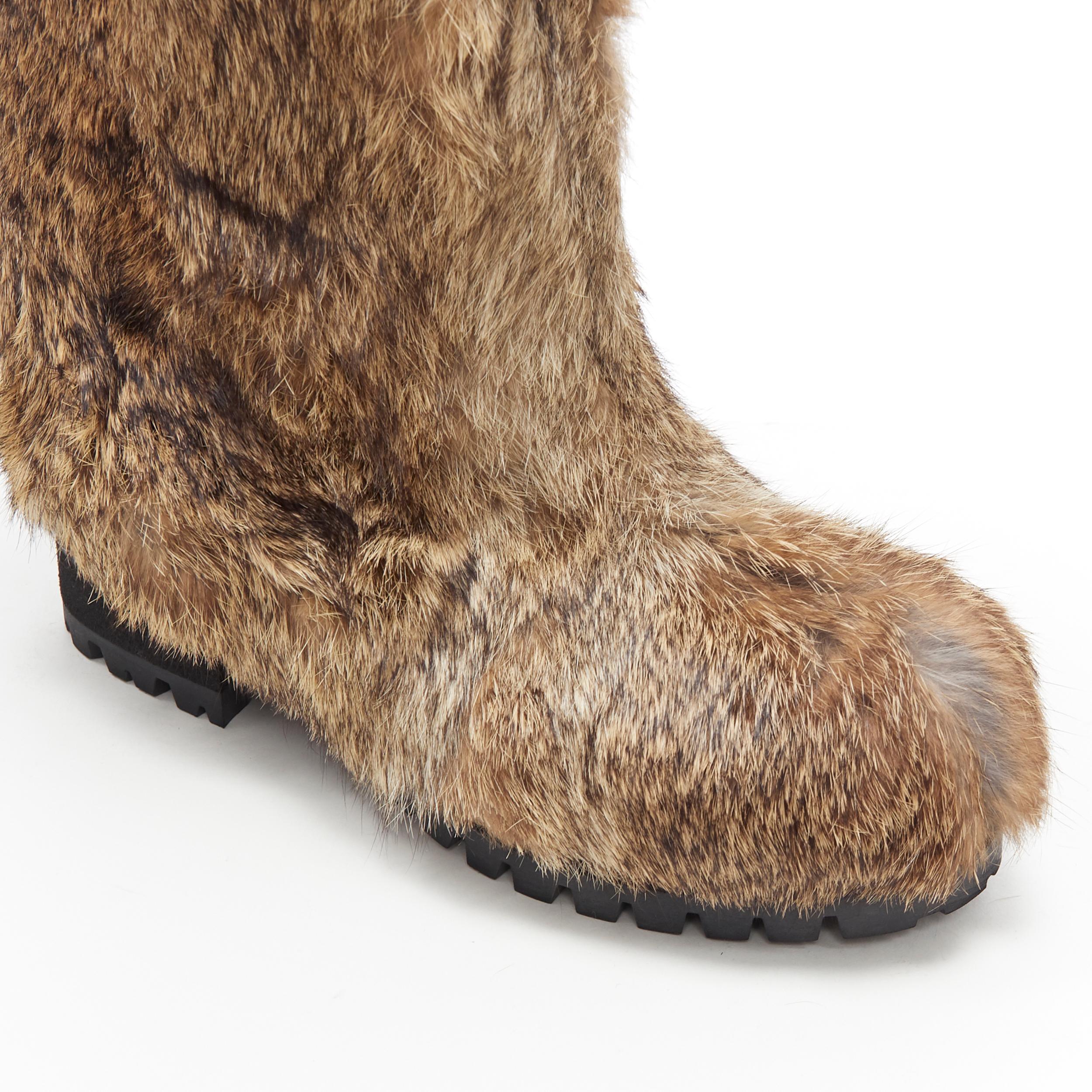 Women's new MARNI brown rabbit fur green utility nylon buckle sole winter boot EU36.5