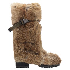 new MARNI brown rabbit fur green utility nylon buckle sole winter boot EU36.5