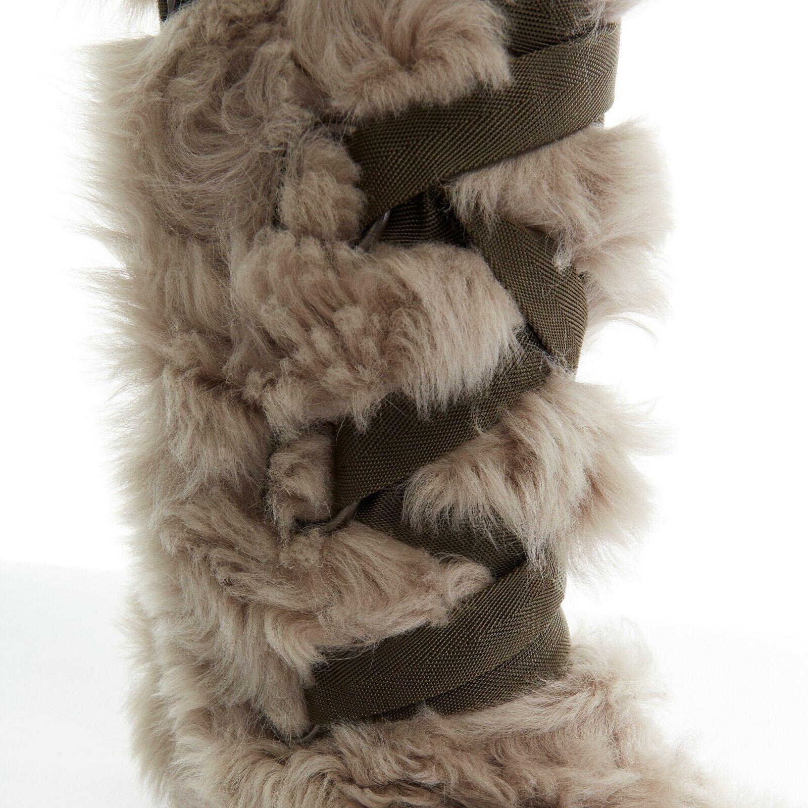 new MARNI brown shearling fur nylon strapped buckle high flat boots EU39 US9 UK6 1