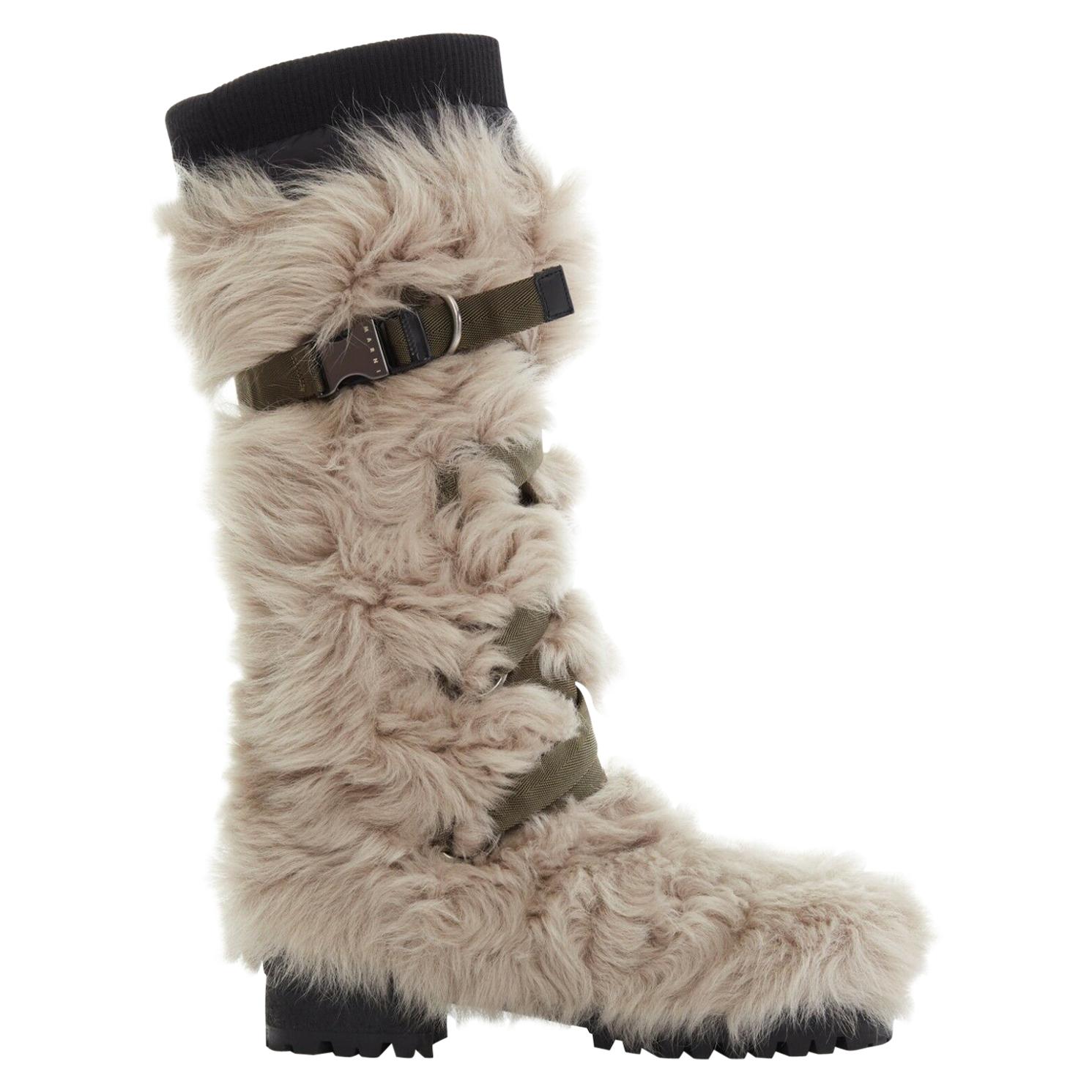new MARNI brown shearling fur nylon strapped buckle high flat boots EU39 US9 UK6