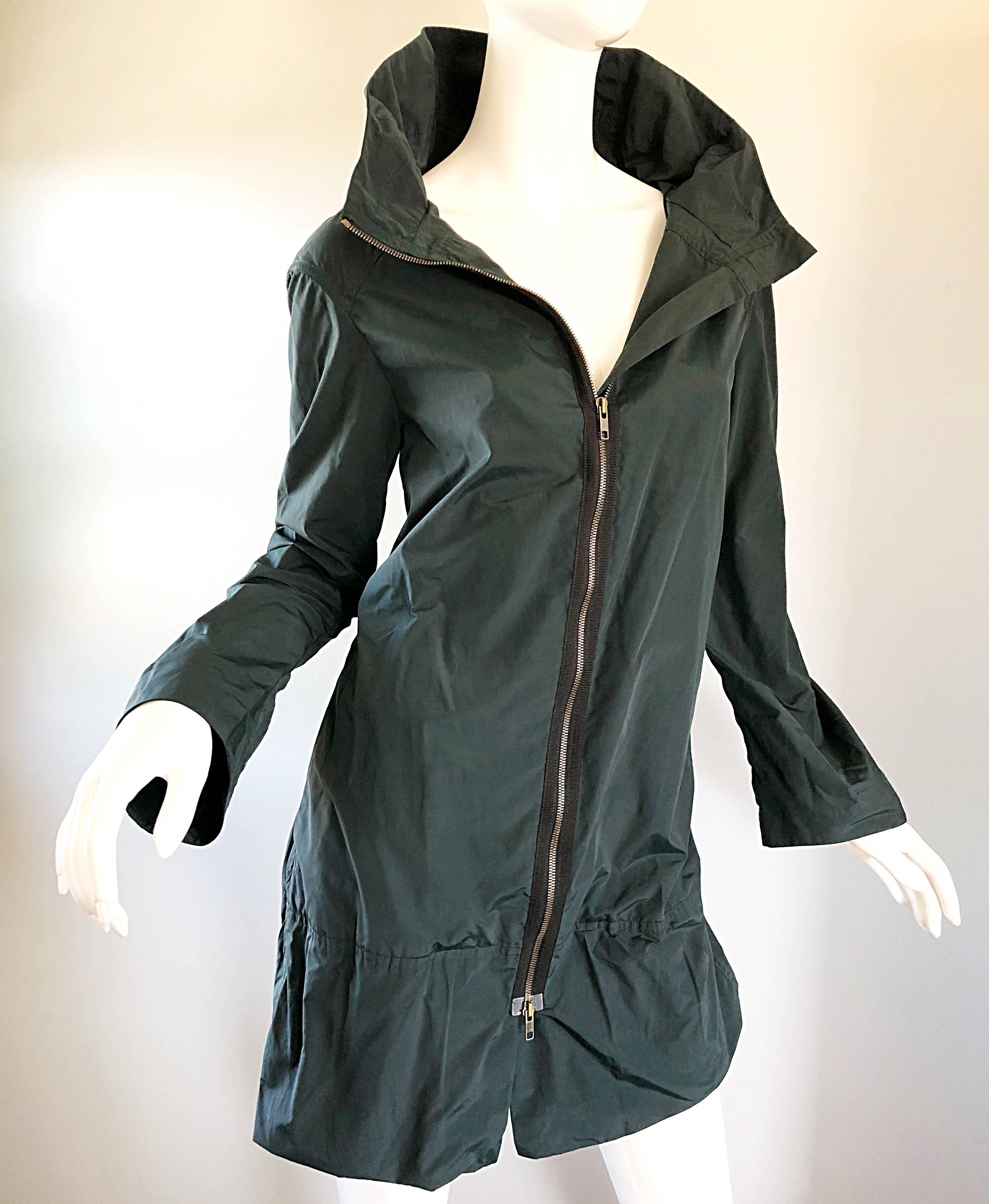 Women's Y2K Marni Size 40 Dark Green Nylon Cotton Trench Parka Rain Jacket Coat For Sale