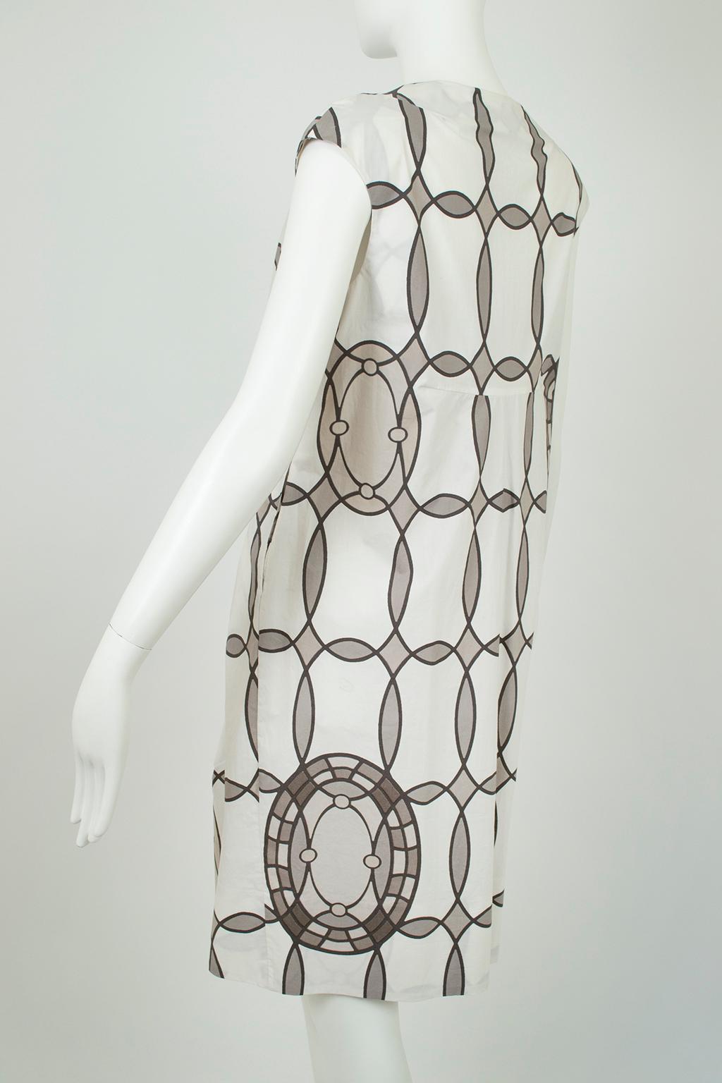 Women's New Marni White, Gray Kaleidoscope Print V Neck Sack Dress – It 36-42 / M, 2000s For Sale