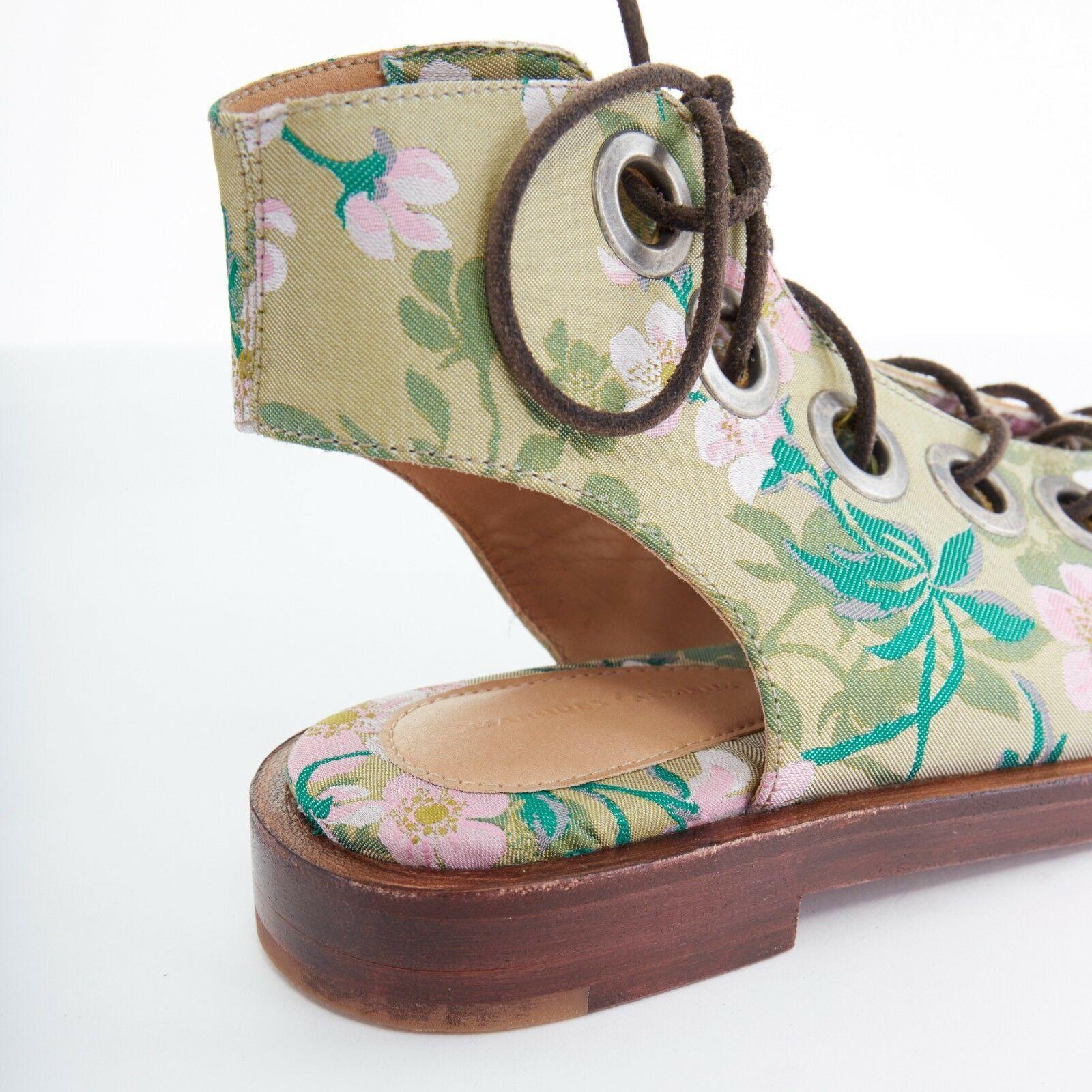 new MARQUES ALMEIDA green floral jaquard open toe eyelet lace flat sandal EU38 3