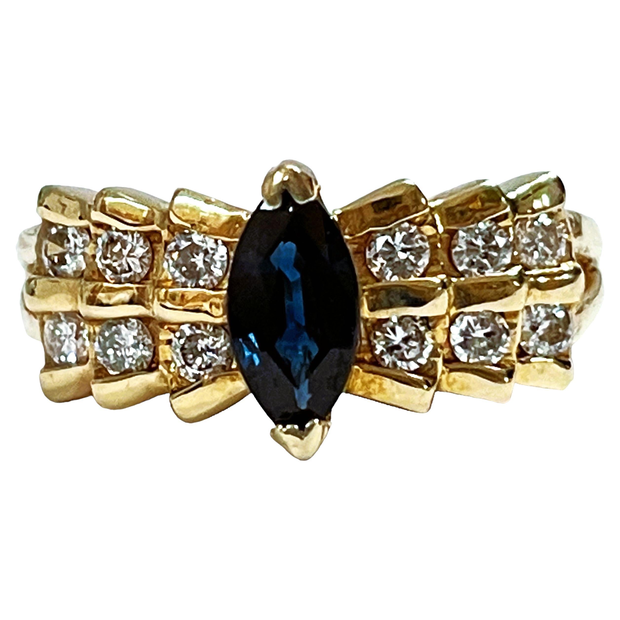 New Marquise Cut Dark Blue Sapphire and Diamond 14k Yellow Gold Ring W ...