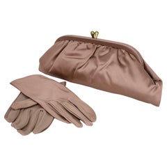 New Matching Mocha Brown Satin Evening Clutch and Wrist Glove Set – S, 1950s