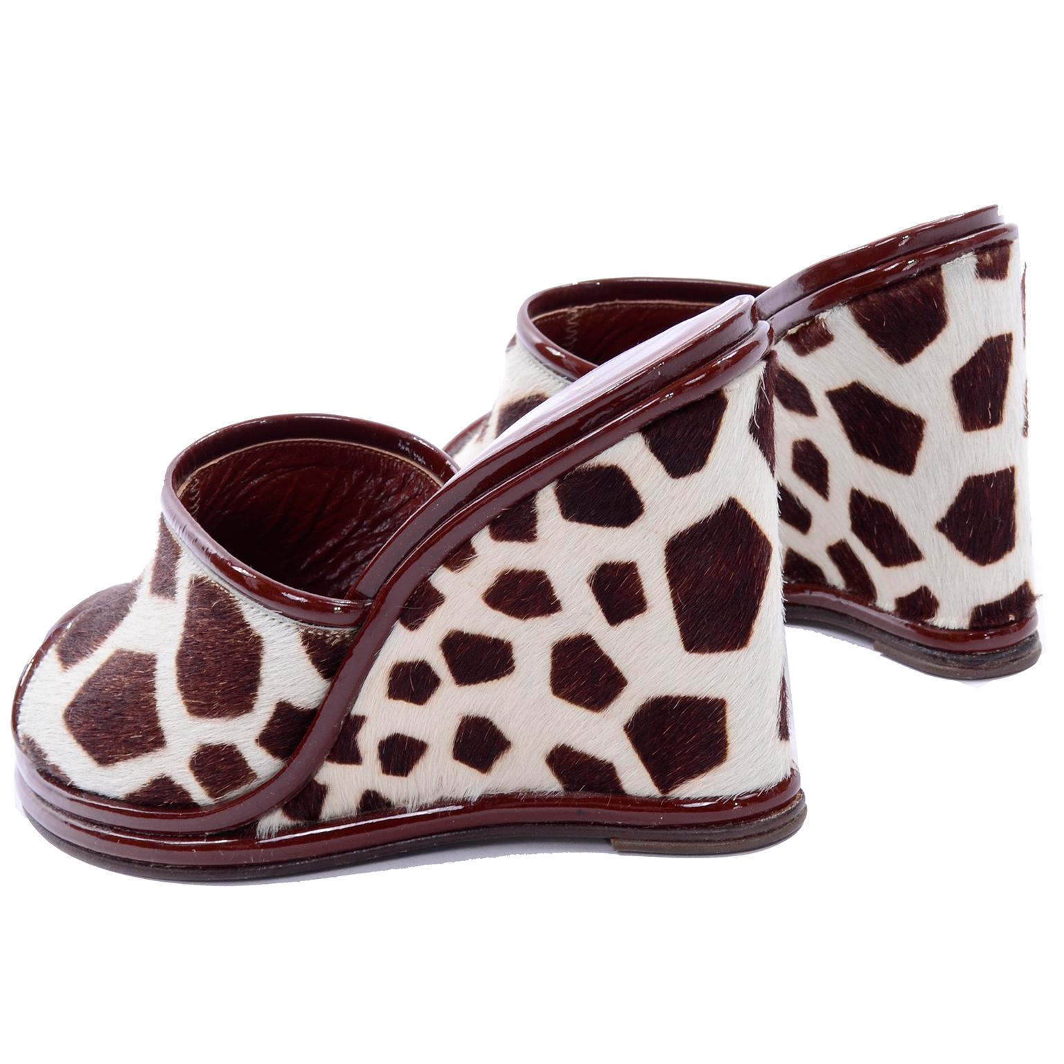 Brown New Maud Frizon Paris Wedge Heel Open Toe Shoes in Pony Fur Giraffe Print 7.5