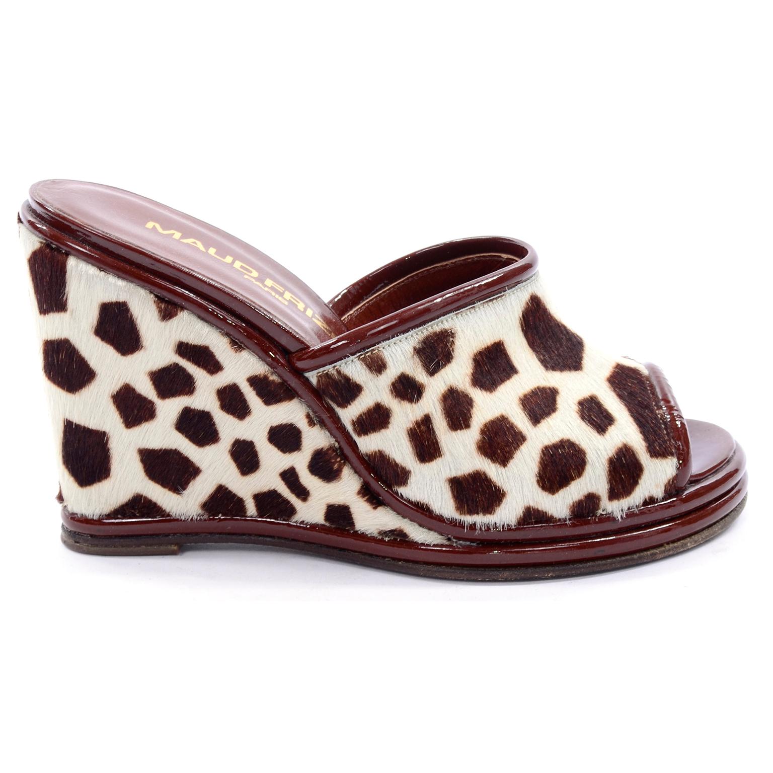 Women's New Maud Frizon Paris Wedge Heel Open Toe Shoes in Pony Fur Giraffe Print 7.5