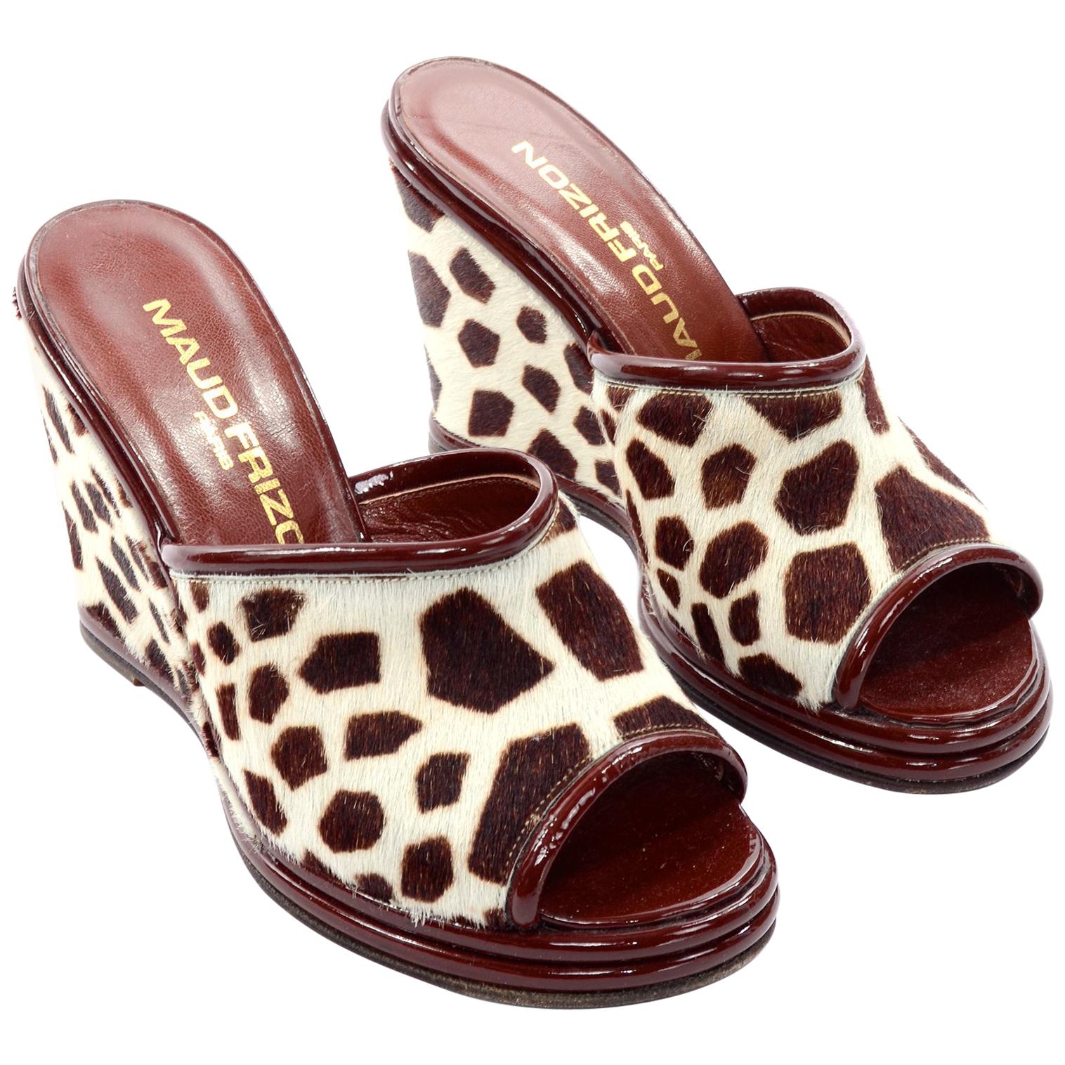 New Maud Frizon Paris Wedge Heel Open Toe Shoes in Pony Fur Giraffe Print 7.5