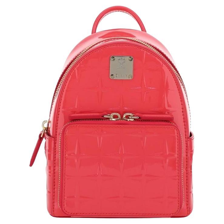 NEW MCM Fuchsia Pink Diamond Textured Patent Leather Stark Backpack Rucksack Bag For Sale