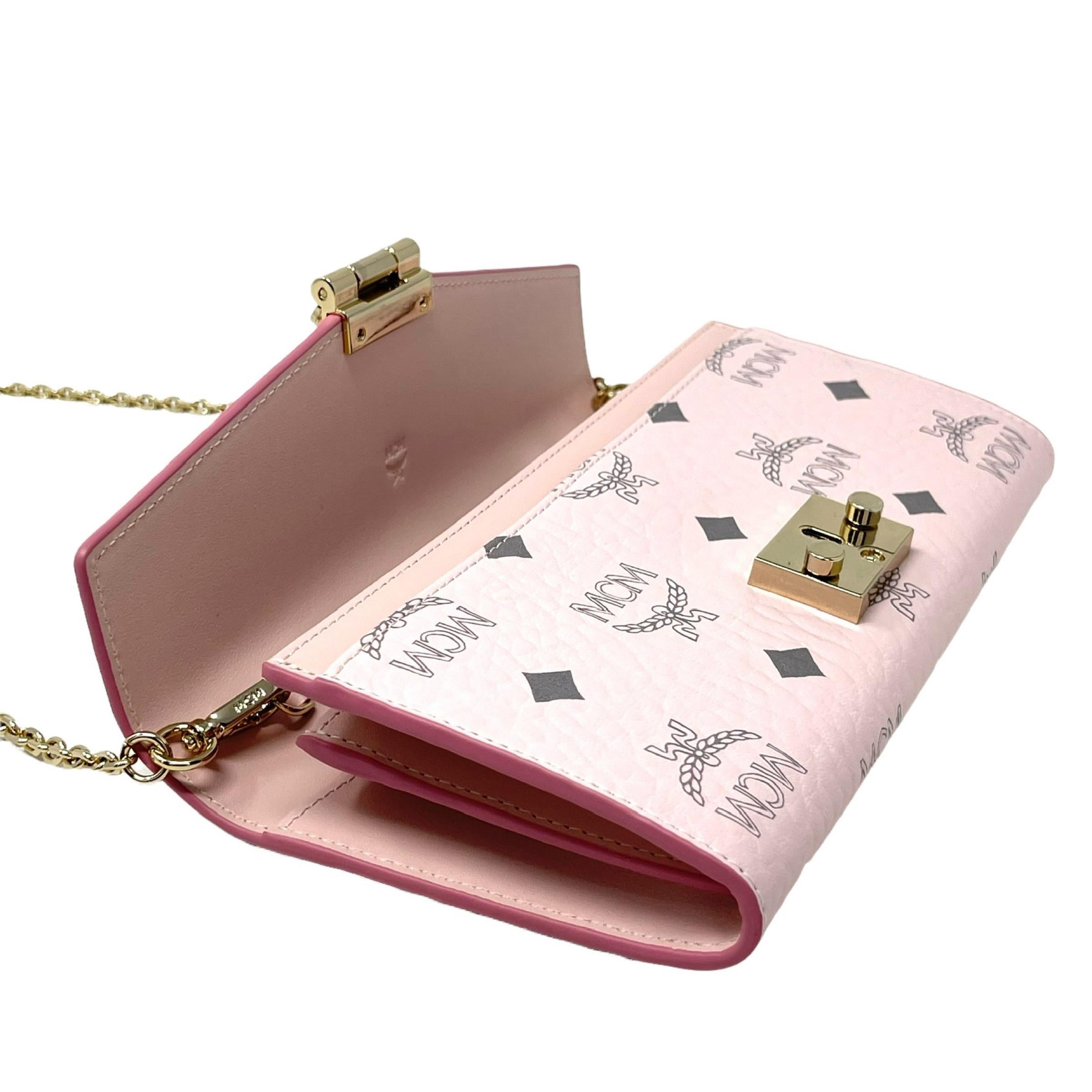 NEU MCM Rosa Tracy Monogramm Logo Leder Geldbörse an Kette Crossbody Bag im Angebot 6