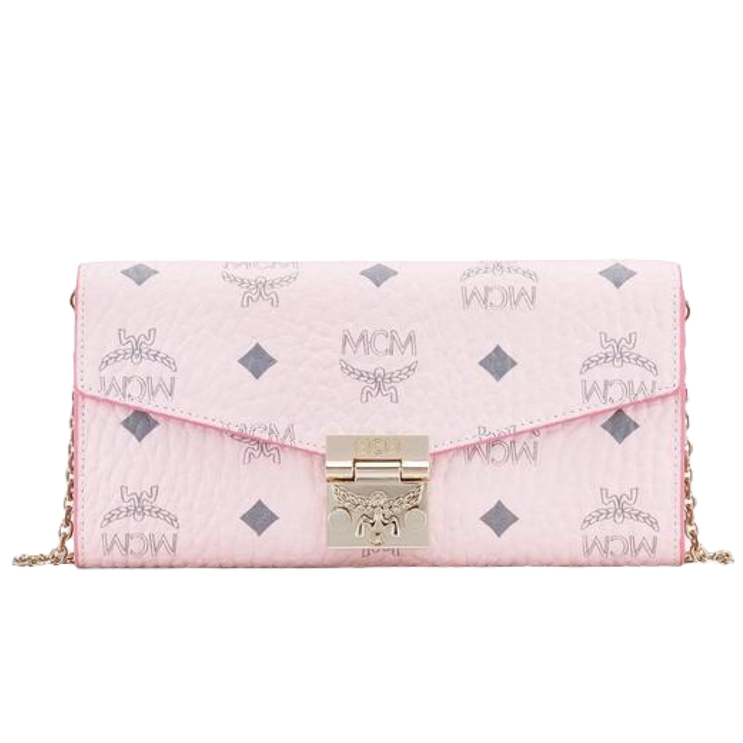 NEU MCM Rosa Tracy Monogramm Logo Leder Geldbörse an Kette Crossbody Bag (Beige) im Angebot