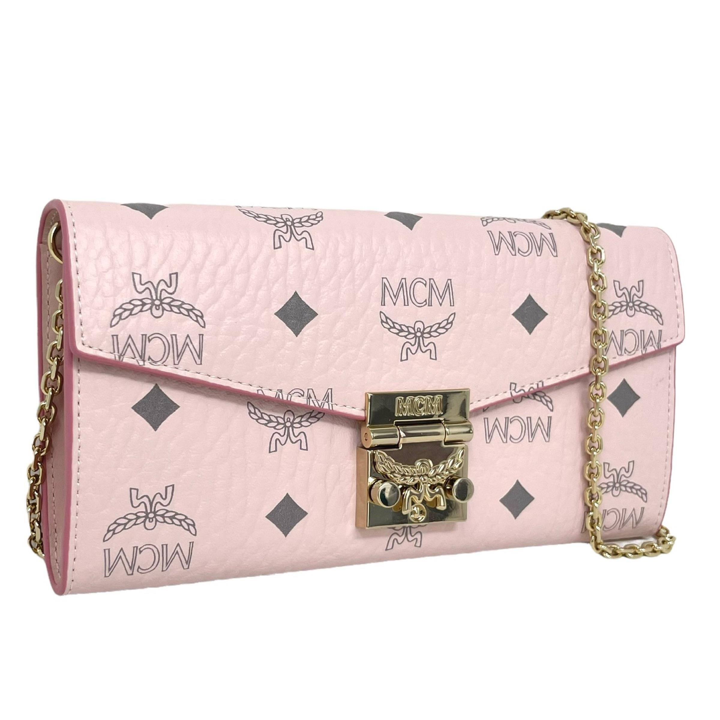 NEU MCM Rosa Tracy Monogramm Logo Leder Geldbörse an Kette Crossbody Bag Damen im Angebot