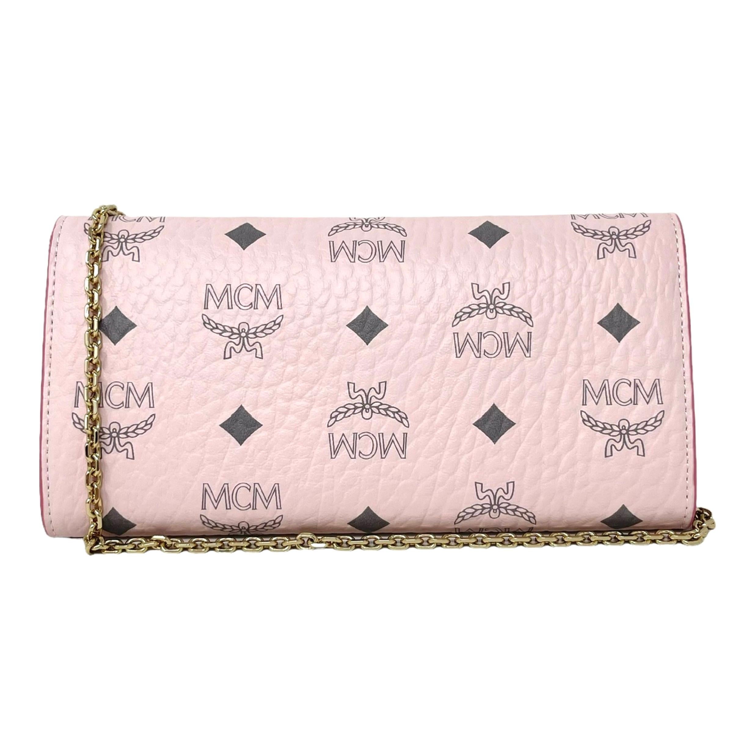 NEU MCM Rosa Tracy Monogramm Logo Leder Geldbörse an Kette Crossbody Bag im Angebot 2