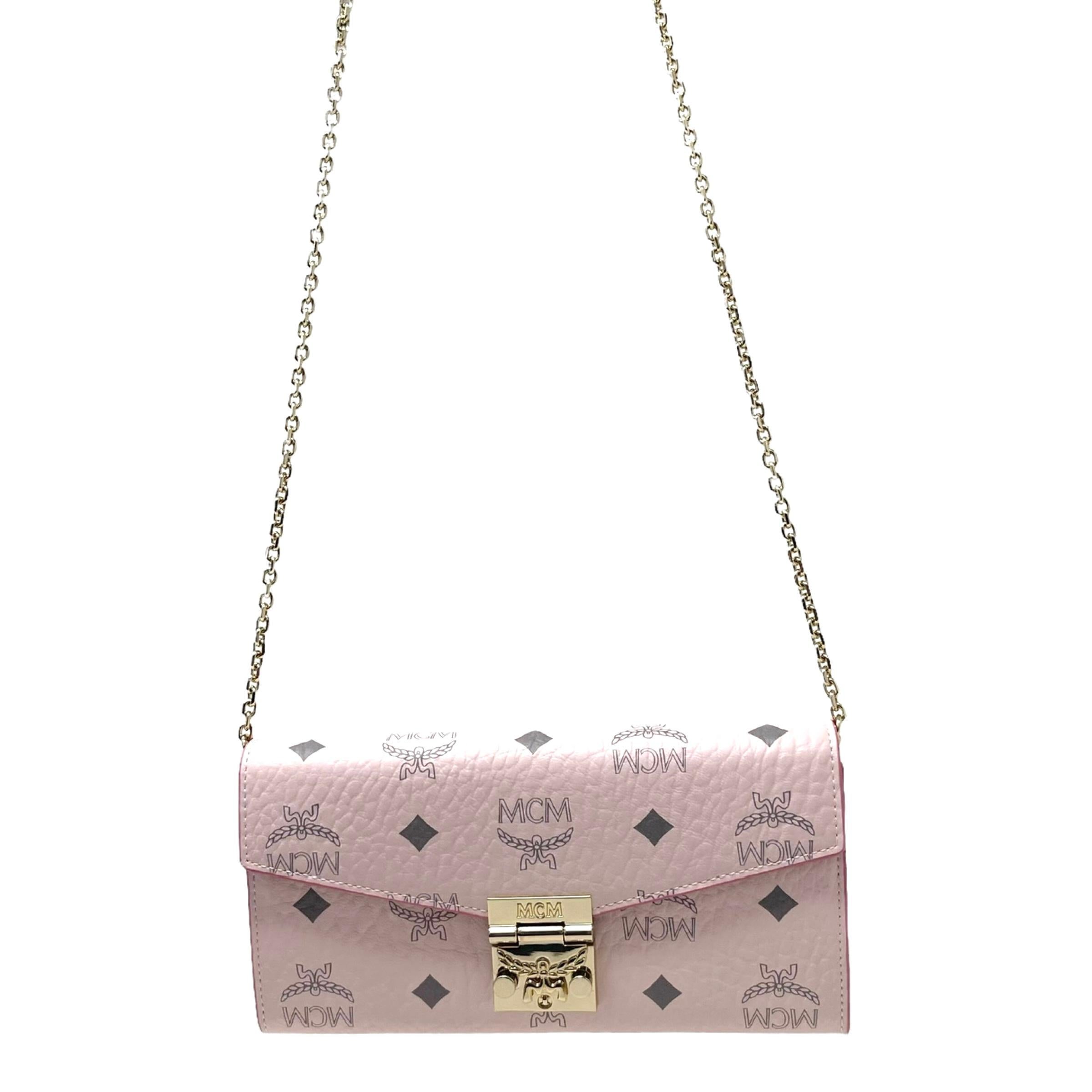 NEU MCM Rosa Tracy Monogramm Logo Leder Geldbörse an Kette Crossbody Bag im Angebot 3