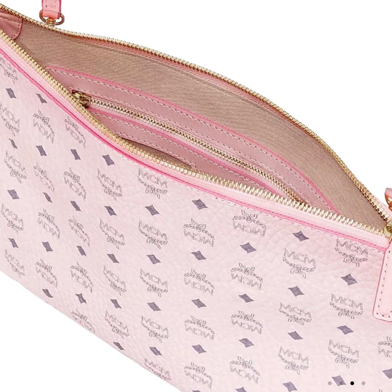NEW MCM Pink Visetos Monogram Logo Leather Crossbody Bag For Sale at