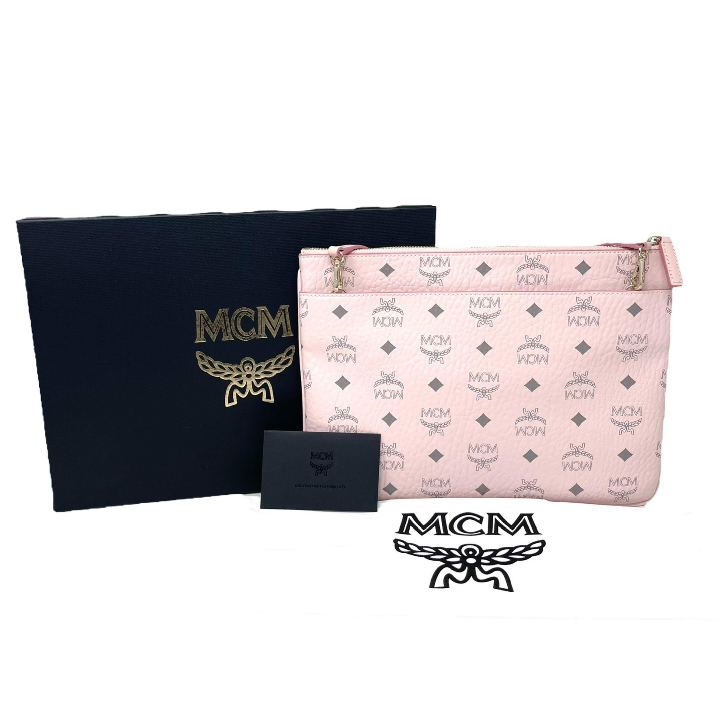 NEU MCM Rosa Visetos Monogramm Logo Leder Umhängetasche im Angebot 12