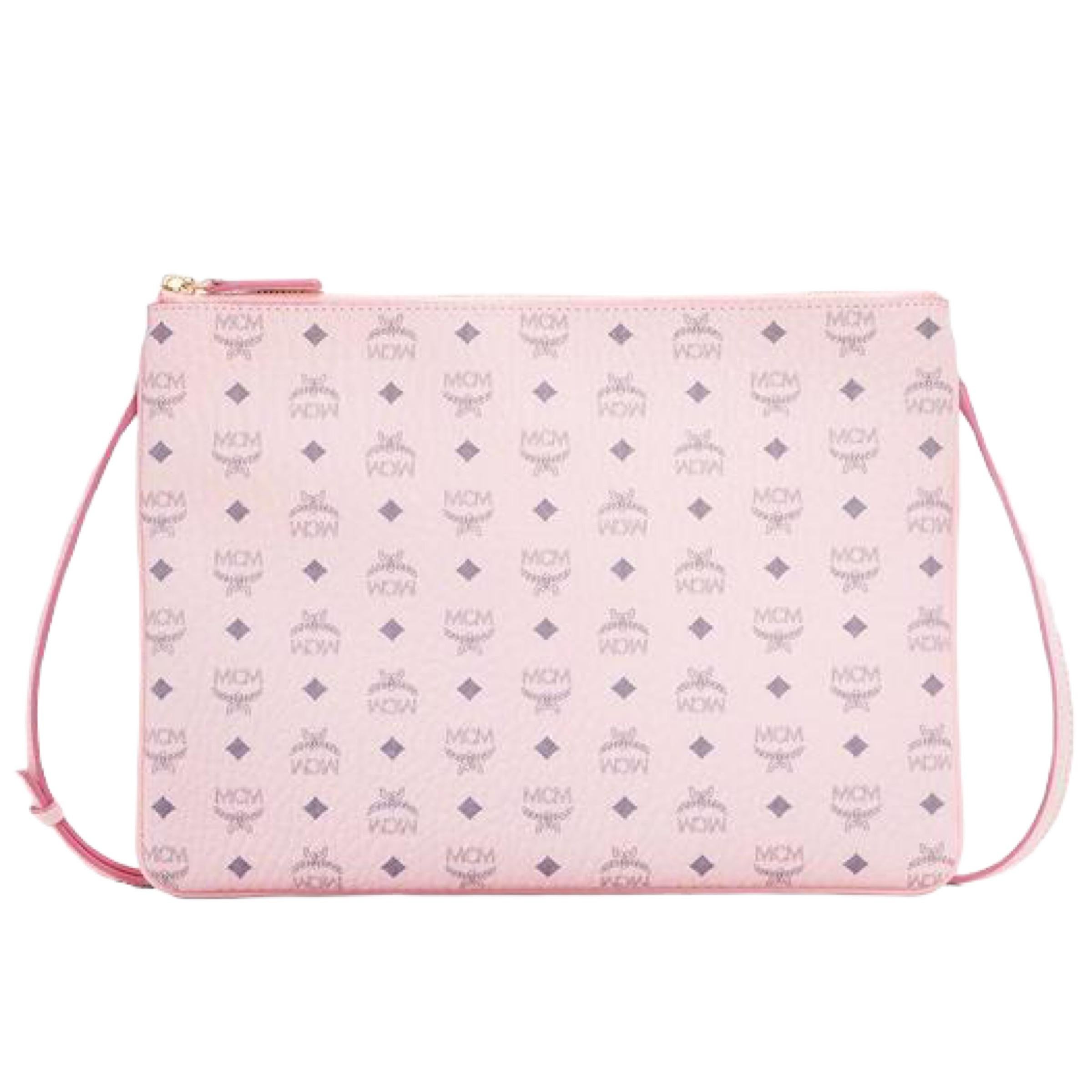 NEU MCM Rosa Visetos Monogramm Logo Leder Umhängetasche (Beige) im Angebot