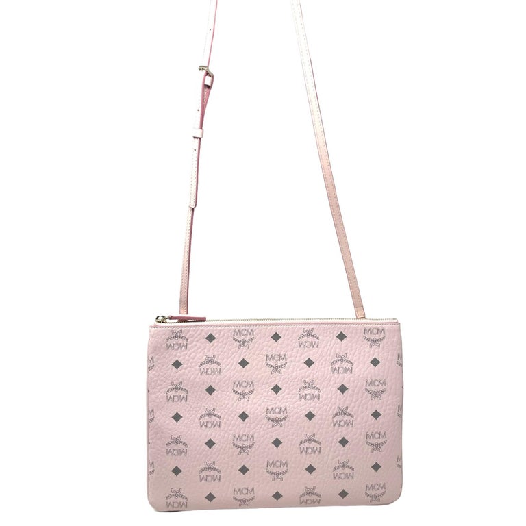 NEW MCM Pink Visetos Monogram Logo Leather Crossbody Bag For Sale at