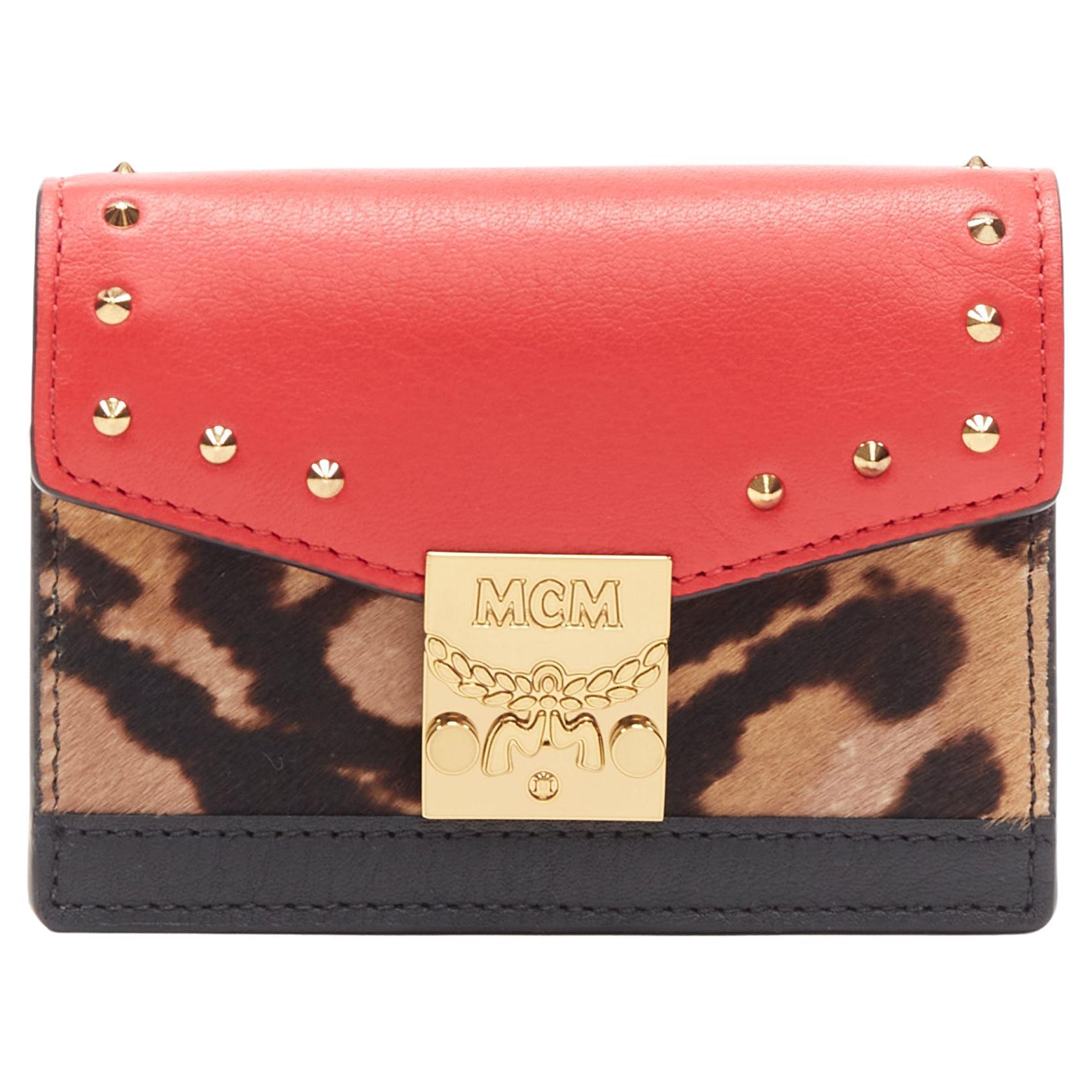 new MCM red leopard gold studded flap cardholder micro crossbody chain bag For Sale