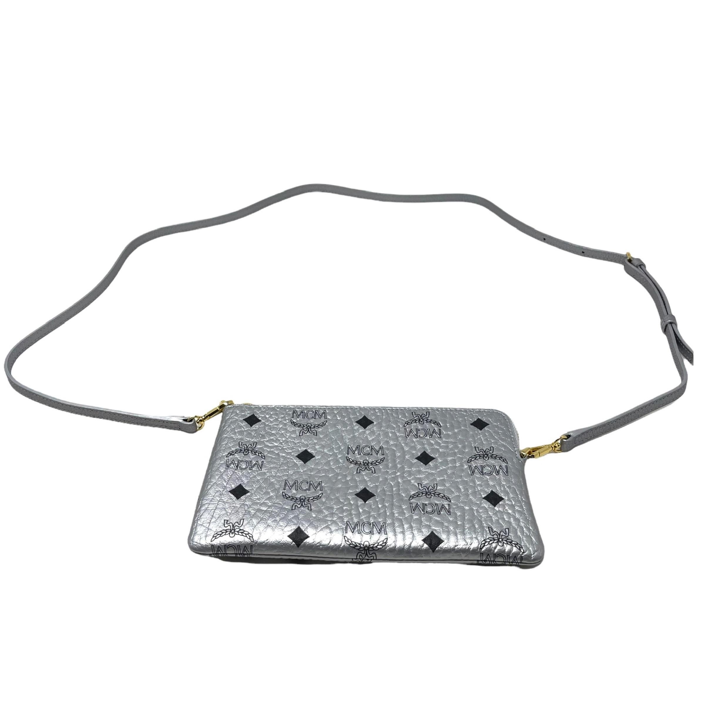 NEW MCM Silver Monogram Logo Leather Crossbody Bag For Sale 6