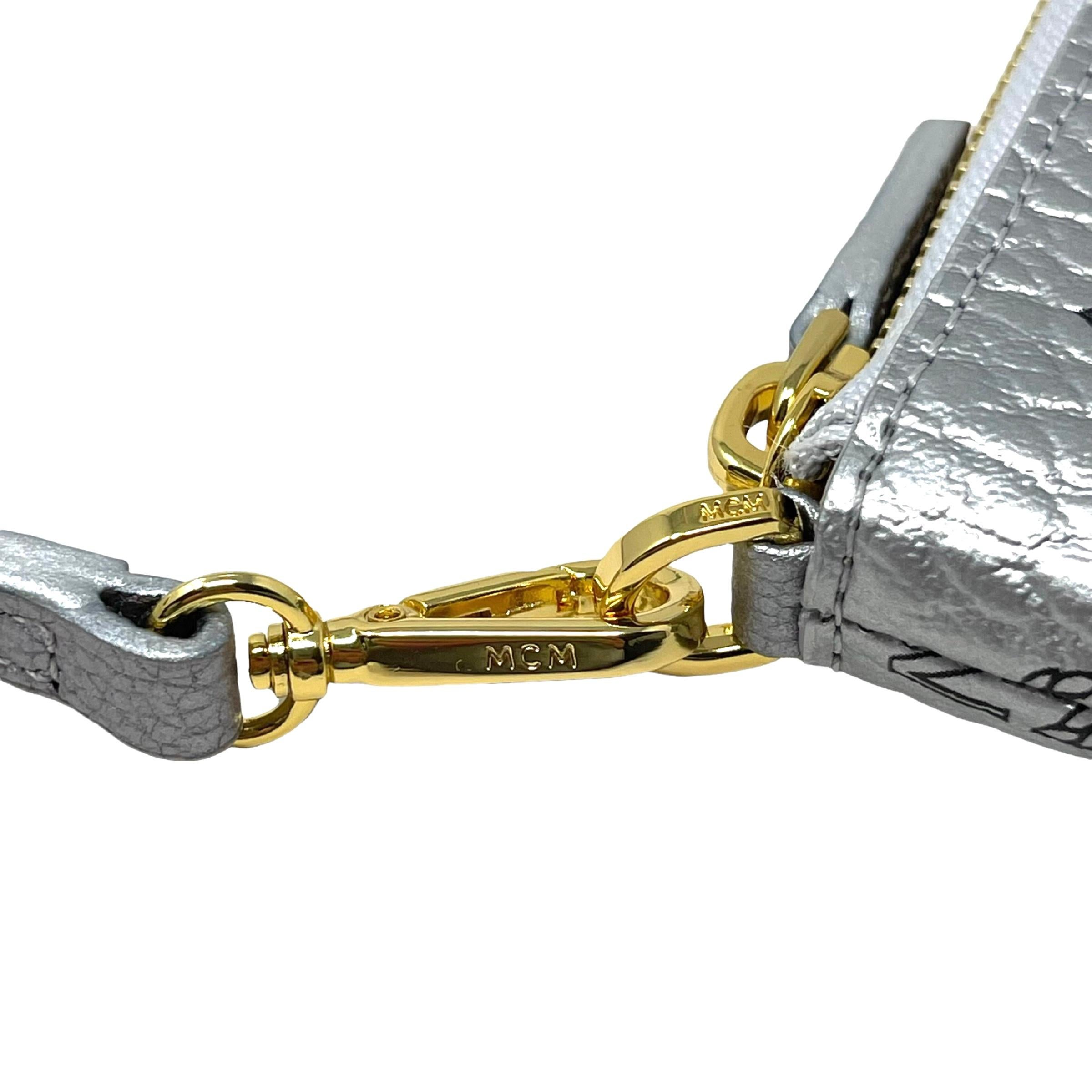 NEW MCM Silver Monogram Logo Leather Crossbody Bag For Sale 9