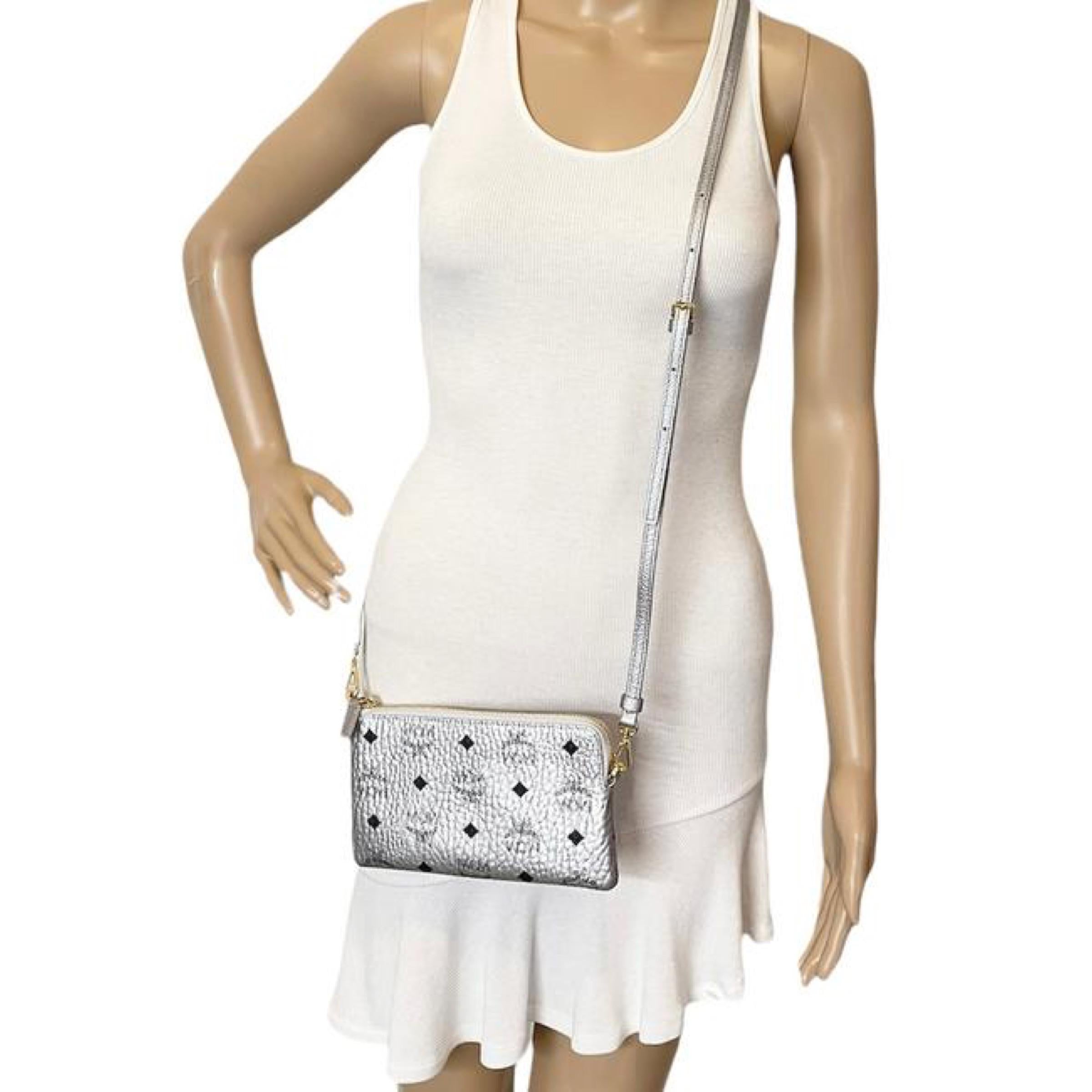 NEW MCM Silver Monogram Logo Leather Crossbody Bag For Sale 11