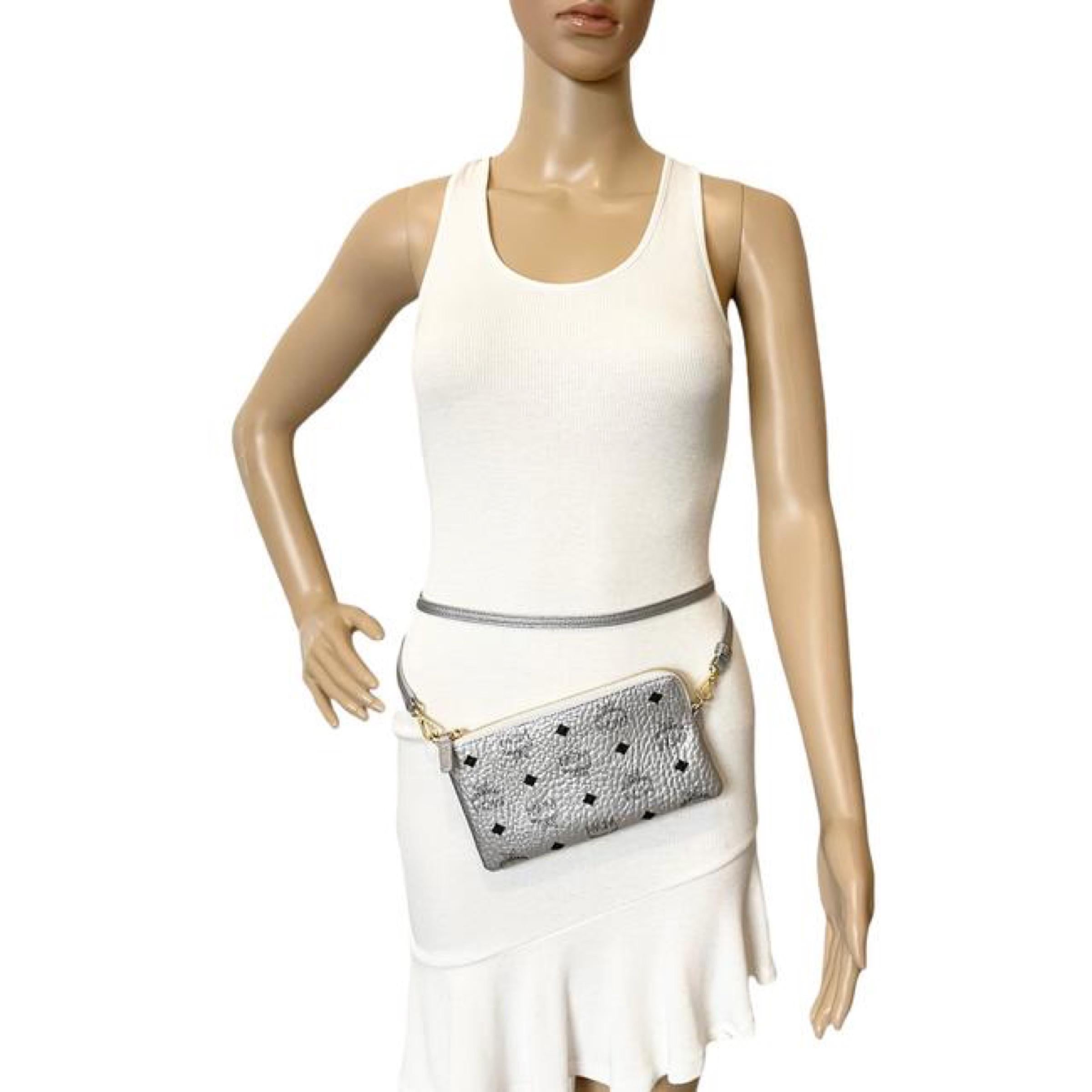 NEW MCM Silver Monogram Logo Leather Crossbody Bag For Sale 12