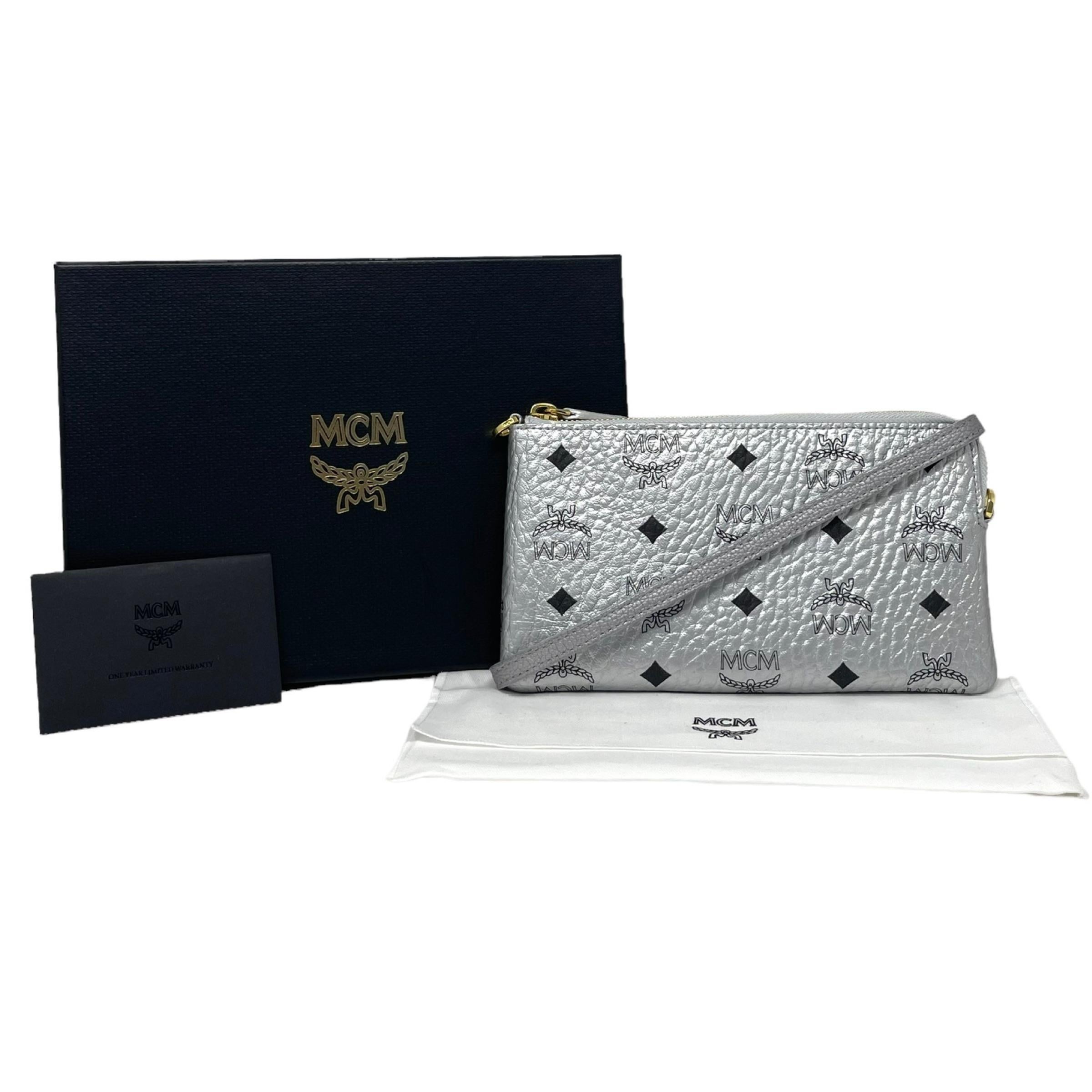 NEW MCM Silver Monogram Logo Leather Crossbody Bag For Sale 14