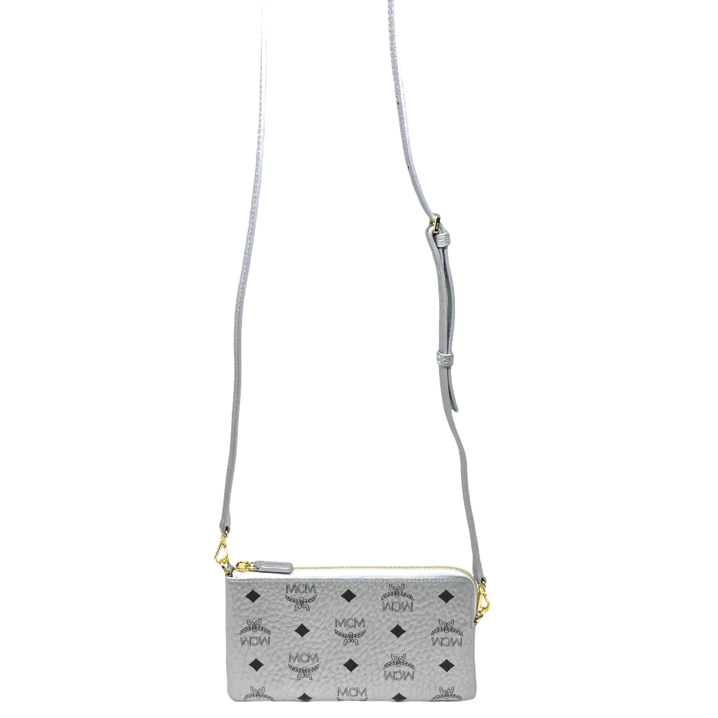NEW MCM Silver Monogram Logo Leather Crossbody Bag For Sale 1