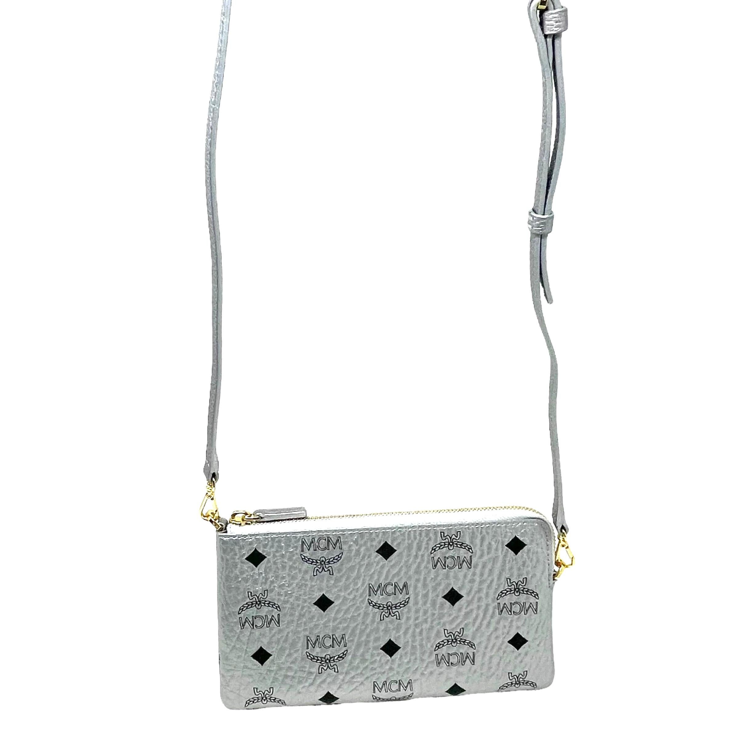 NEW MCM Silver Monogram Logo Leather Crossbody Bag For Sale 2