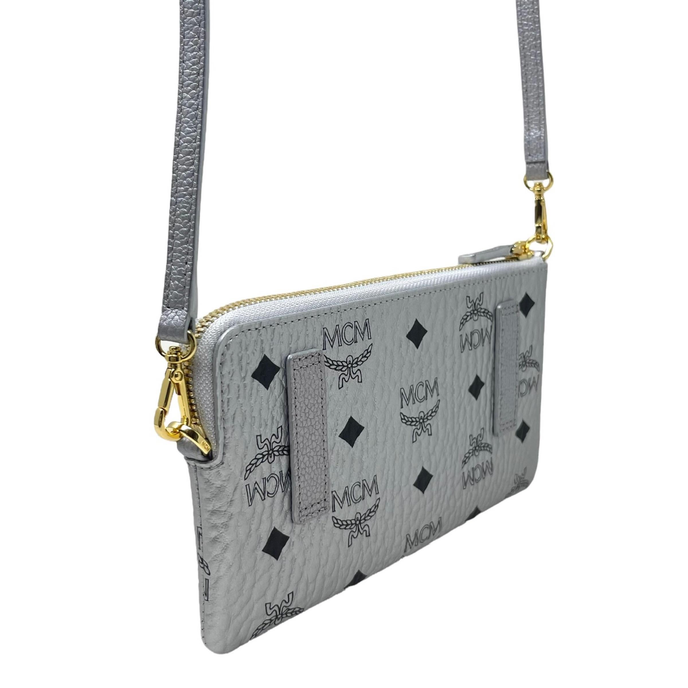 NEW MCM Silver Monogram Logo Leather Crossbody Bag For Sale 3