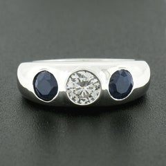 NEW Mens 14K White Gold 2.16ctw Round Diamond & Sapphire 3 Stone Gypsy Band Ring
