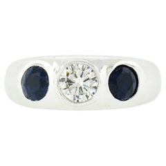 NEW Mens 14K White Gold 2.16ctw Round Diamond & Sapphire 3 Stone Gypsy Band Ring