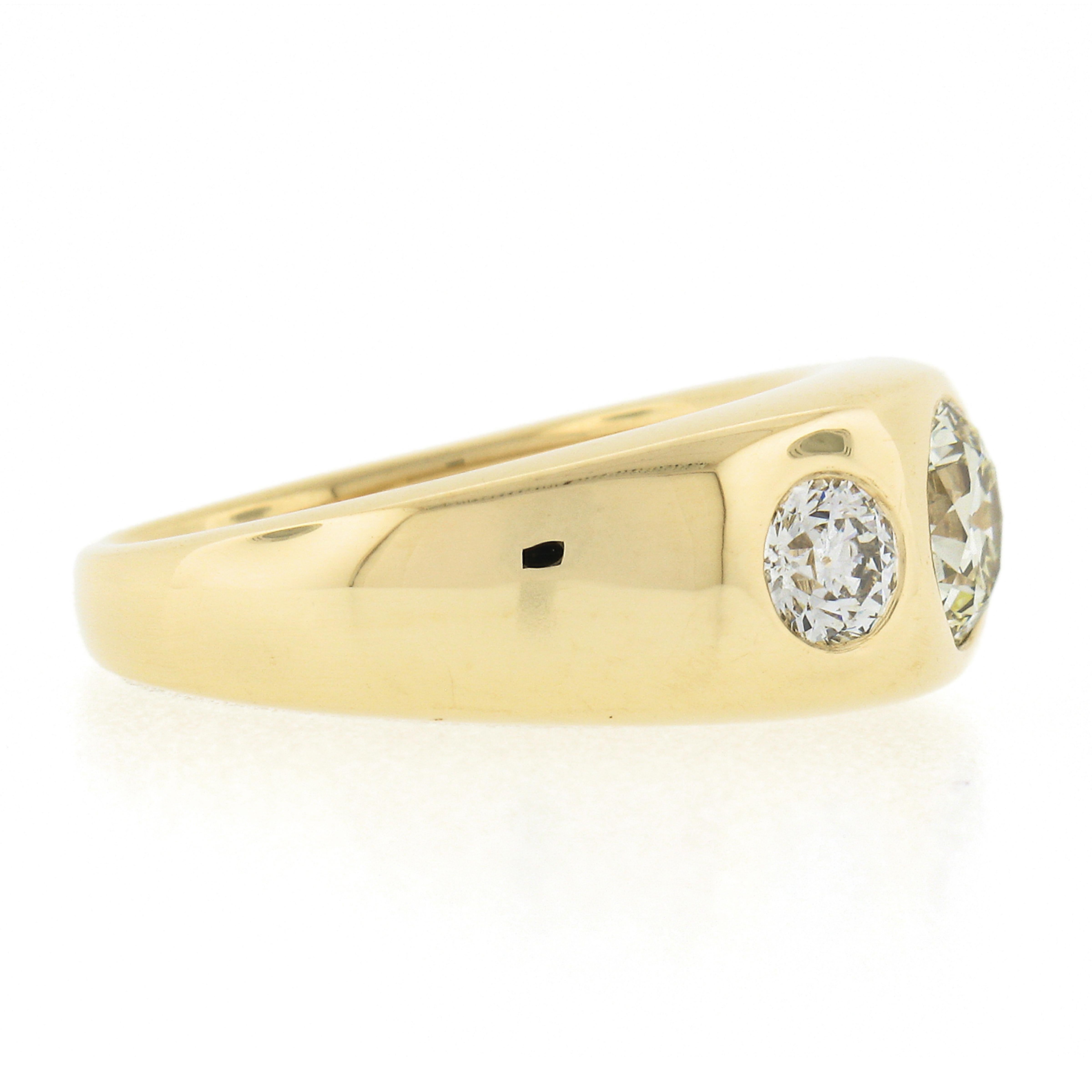 Old European Cut NEW Mens 18K Yellow Gold 1.96ct GIA Old European Diamond 3 Stone Gypsy Band Ring For Sale