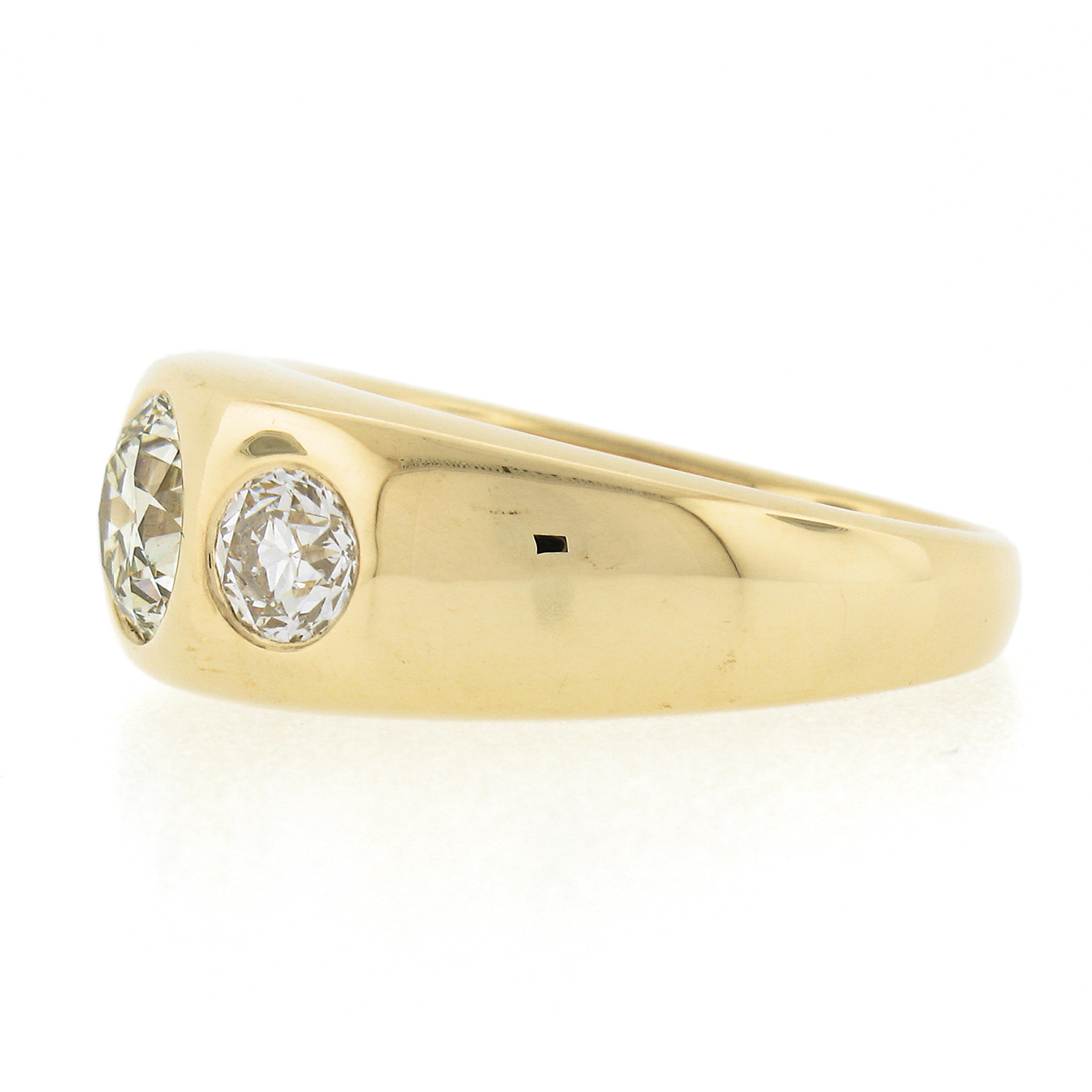 Women's or Men's NEW Mens 18K Yellow Gold 1.96ct GIA Old European Diamond 3 Stone Gypsy Band Ring For Sale