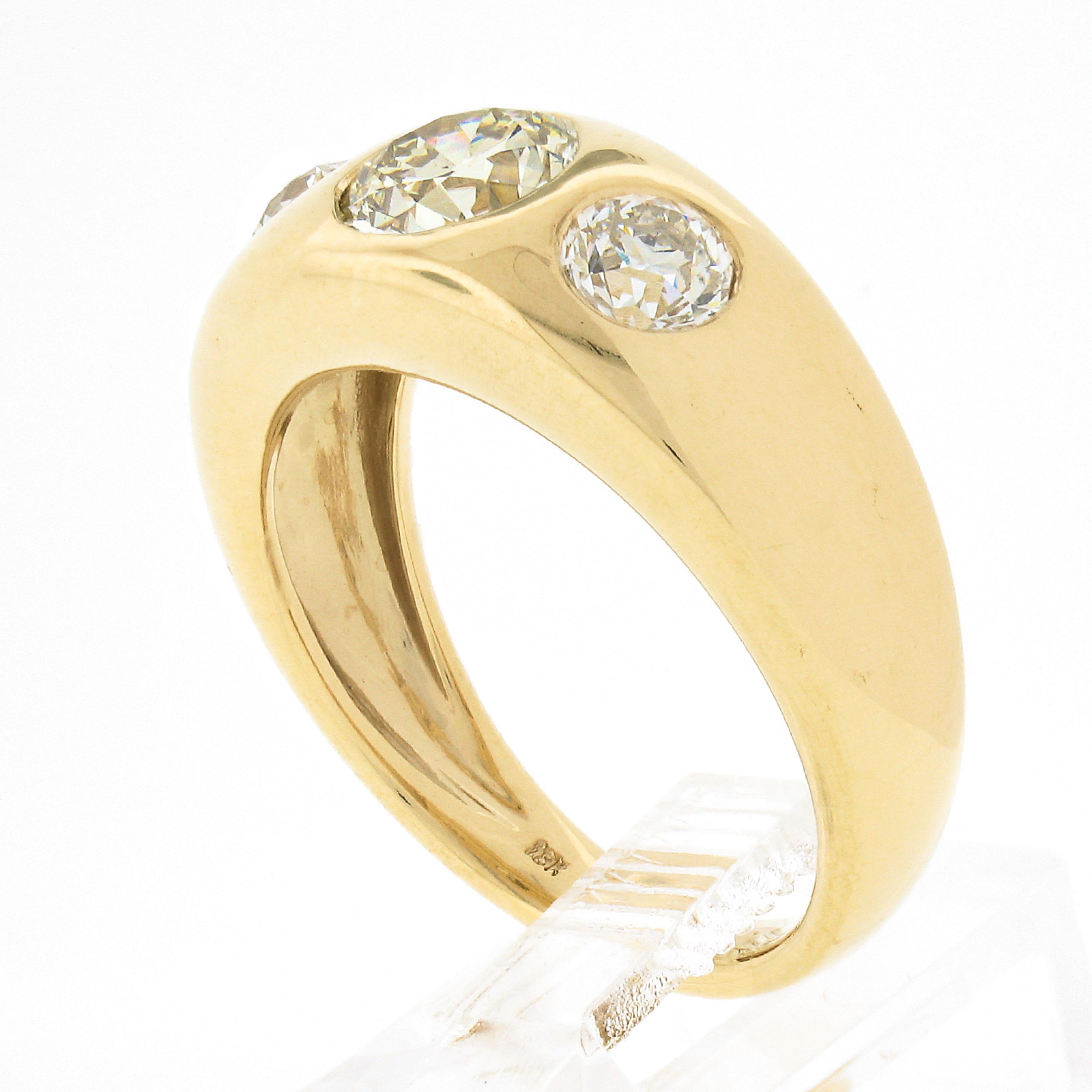 NEW Mens 18K Yellow Gold 1.96ct GIA Old European Diamond 3 Stone Gypsy Band Ring For Sale 3