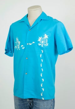 New Men's Turquoise Iolani Sportswear Hawaiian Footprint Surf Shirt - S, 1950s