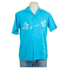 Vintage New Men's Turquoise Iolani Sportswear Hawaiian Footprint Surf Shirt - S, 1950s