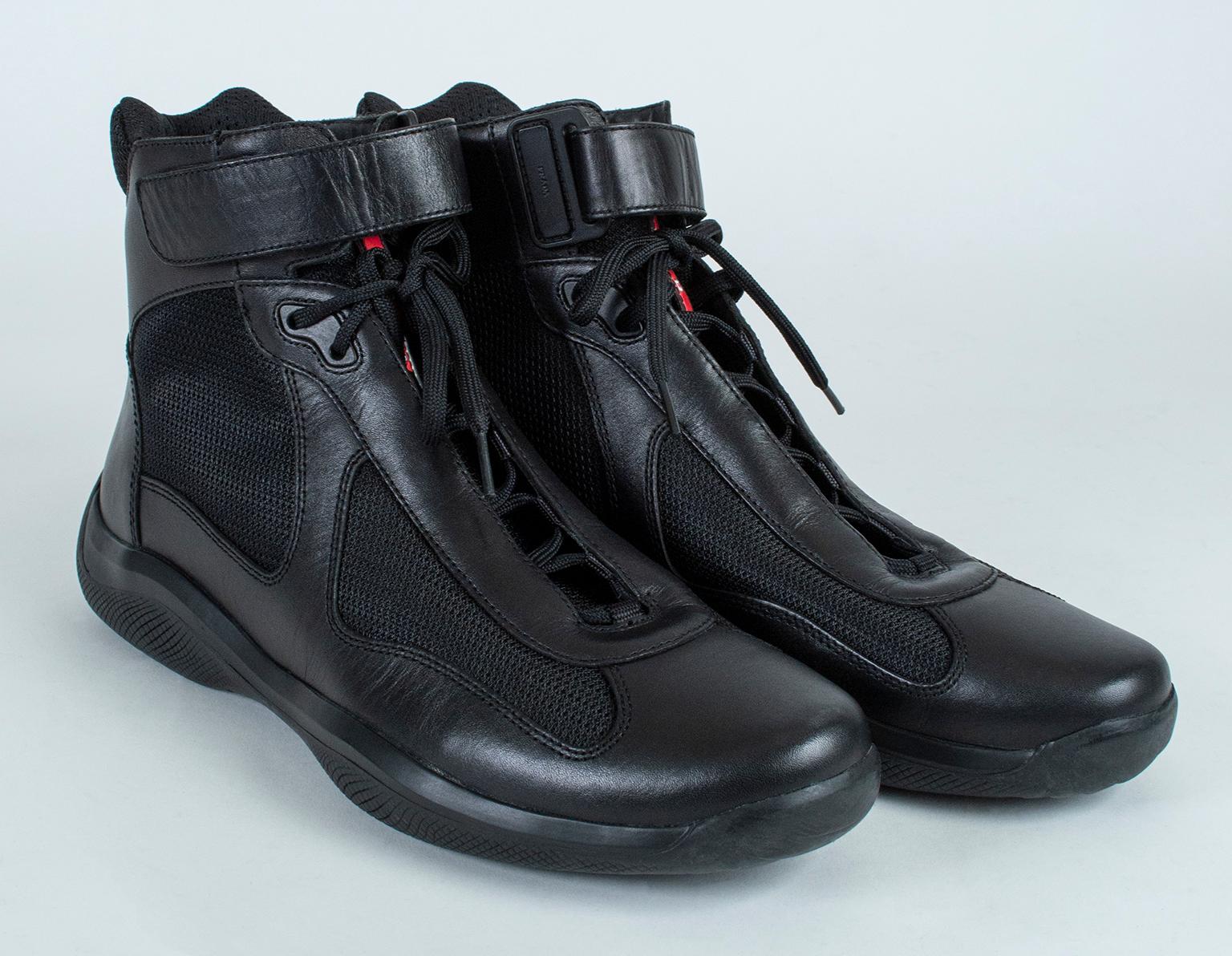 The ultimate in casual luxury, these high top sneakers offer comfort, practicality and loads of style. Sturdy but lightweight, they are the perfect addition to workout and athleisure wear as well as your favorite jeans.

Black leather high top