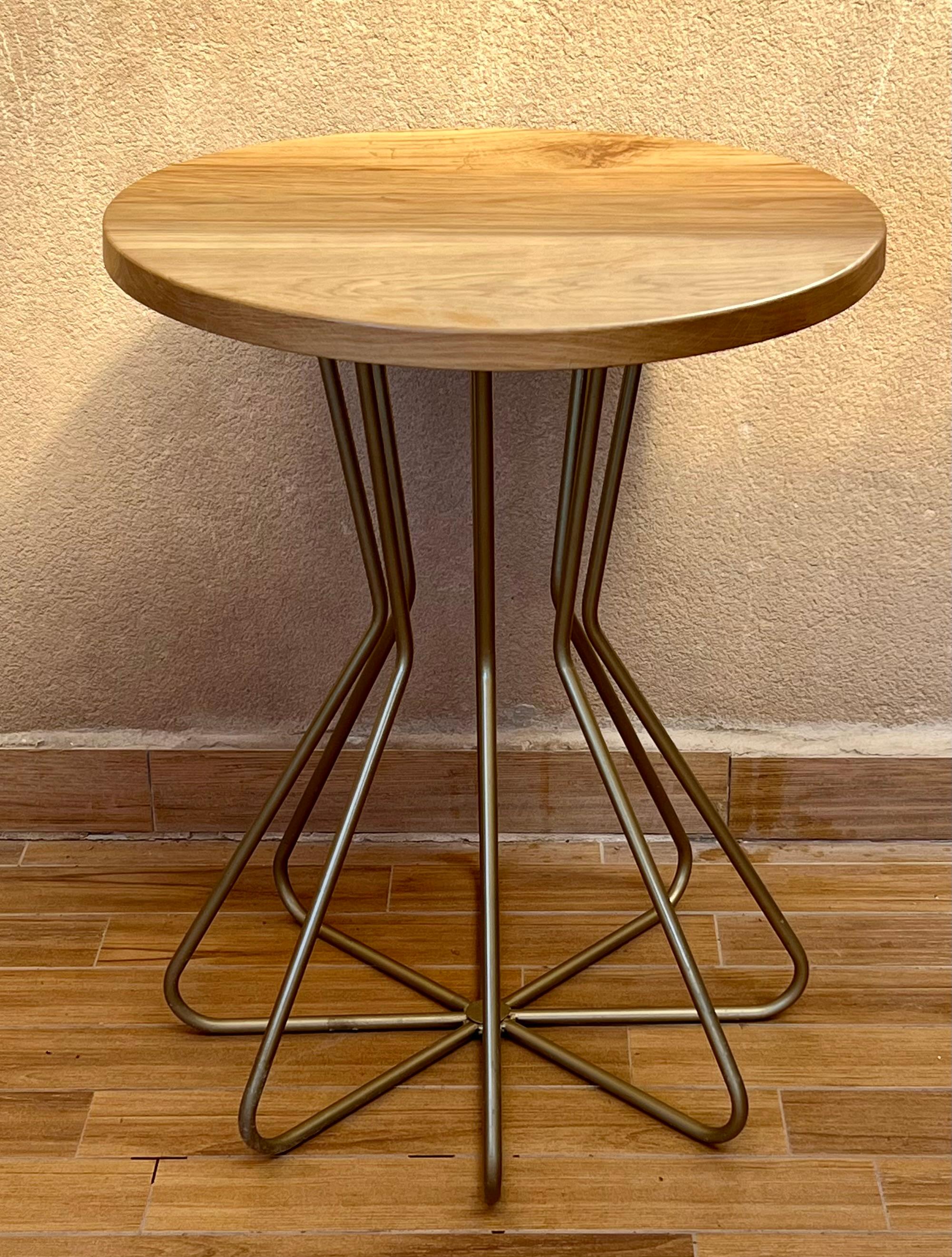 Modern New Metal Fleur Side Table with Wood Top, Indoor and Outdoor For Sale