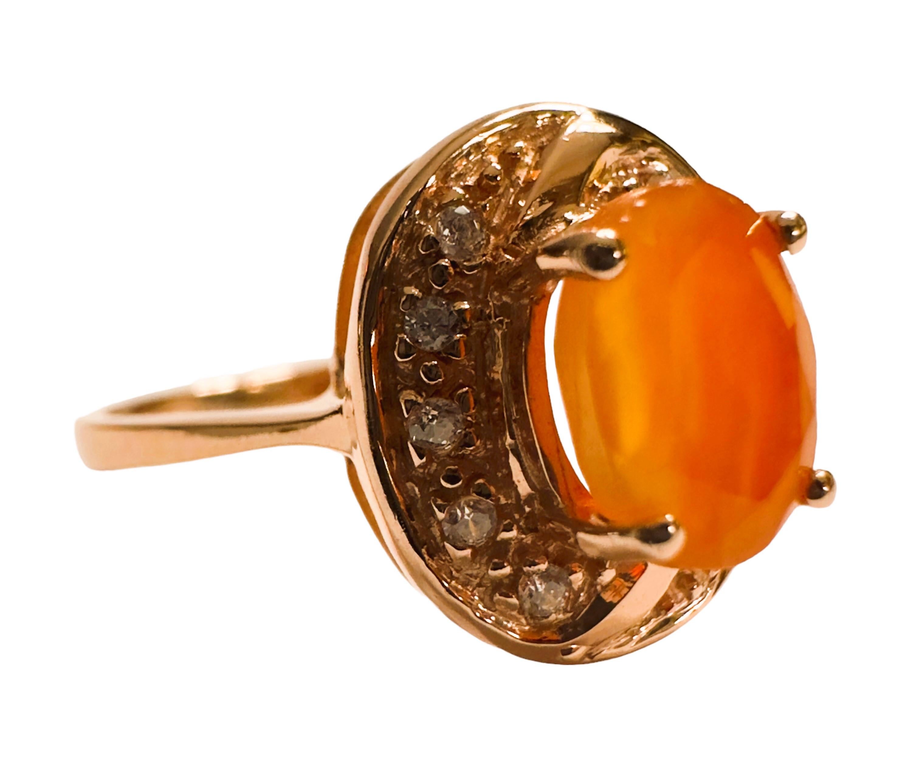 New Mexican IF 1.2 Ct Orange Fire Opal & White Sapphire R Gold Sterling Ring For Sale 1