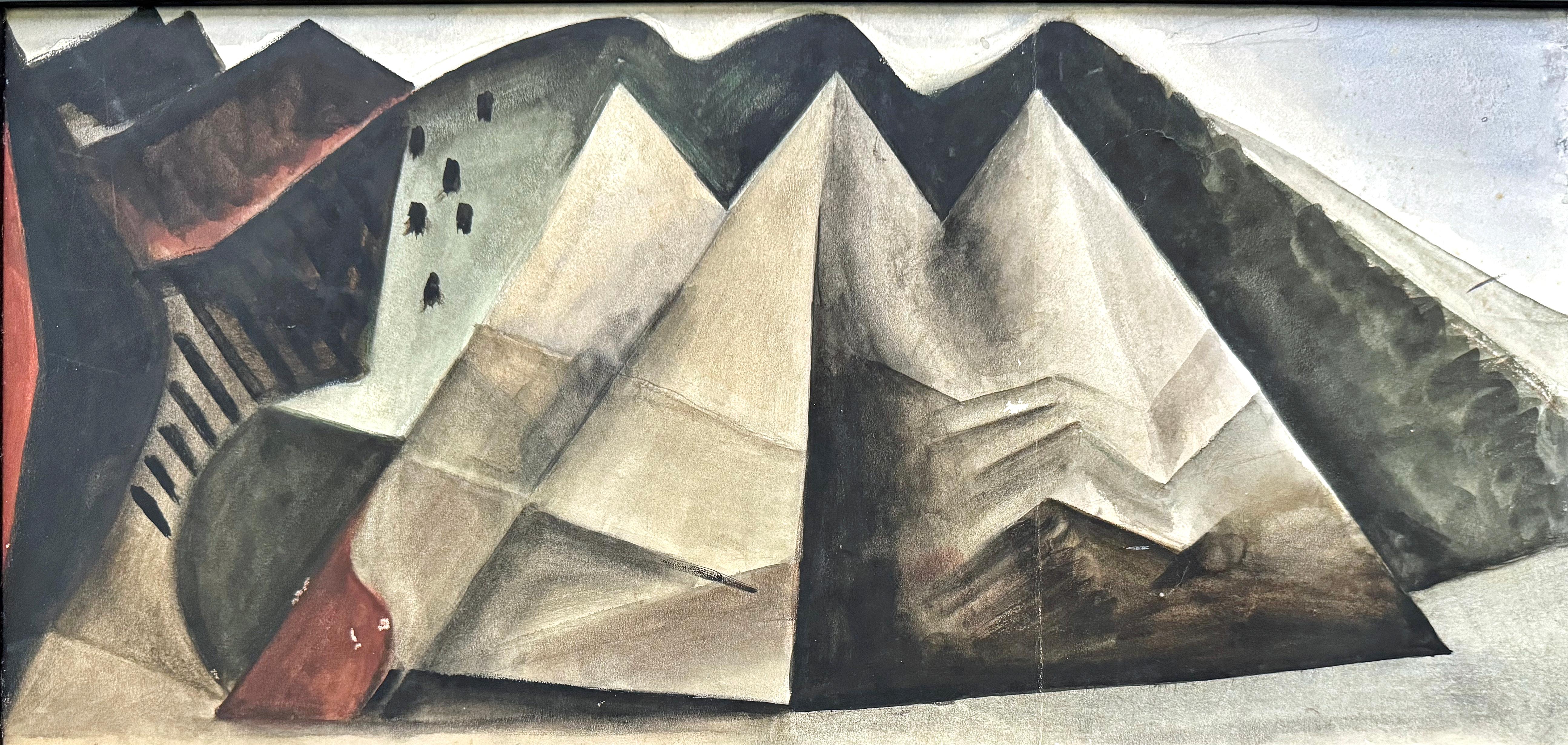 Trattato quasi come un dittico, con due fogli di carta uniti per formare un'unica scena panoramica, questo capolavoro ad acquerello - probabilmente opera di Frank Guy Applegate - raffigura una serie di alte montagne che fanno sembrare minuscole e