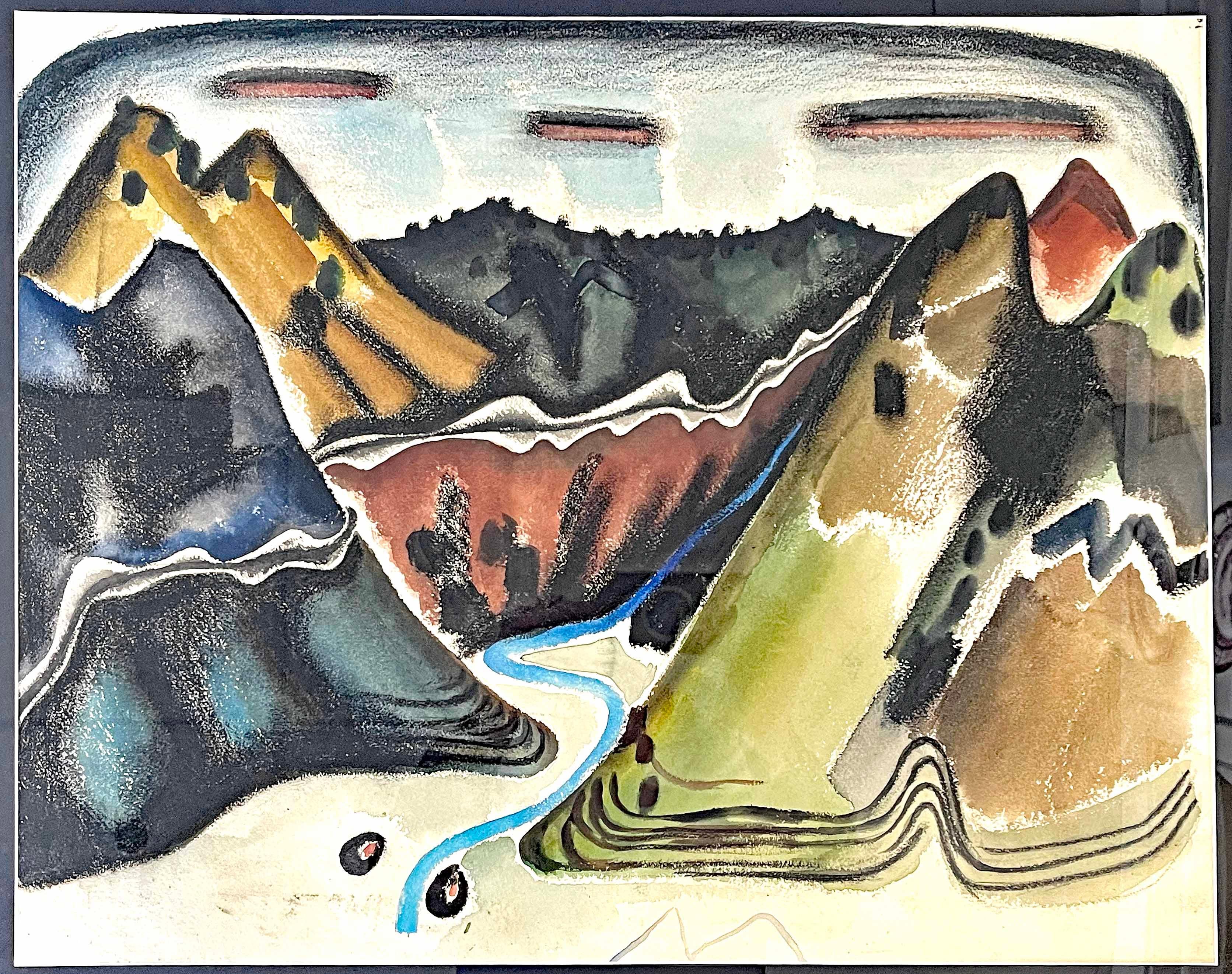 This superbly painted view of the mountains framing a river valley in northern New Mexico is attributed to Frank Guy Applegate, who lived and worked in the state during the 1920s, and is known for his watercolors -- such as this -- that present